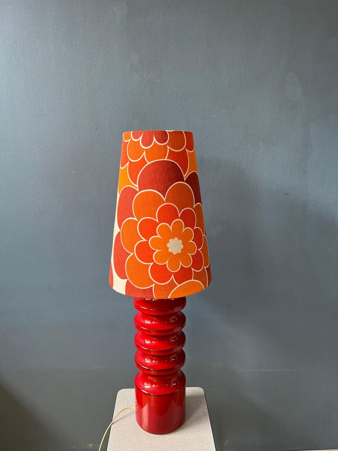 Mid Century Large Red Space Age Flower Ceramic Table Lamp, 1970s For Sale 2