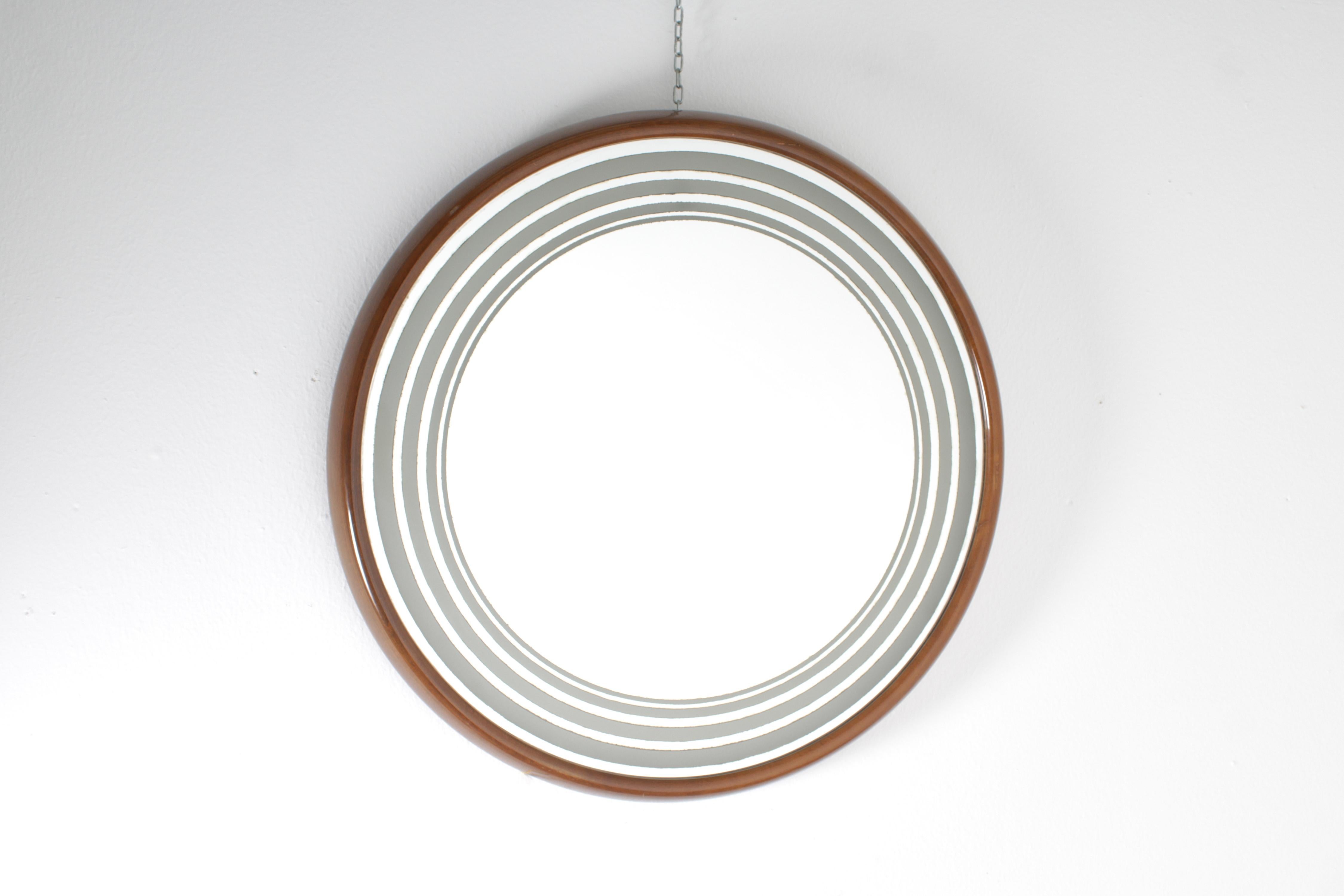 Mid-Century Modern Mid-Century Large Round Backlit Wooden Wall Mirror, 60s Italy For Sale