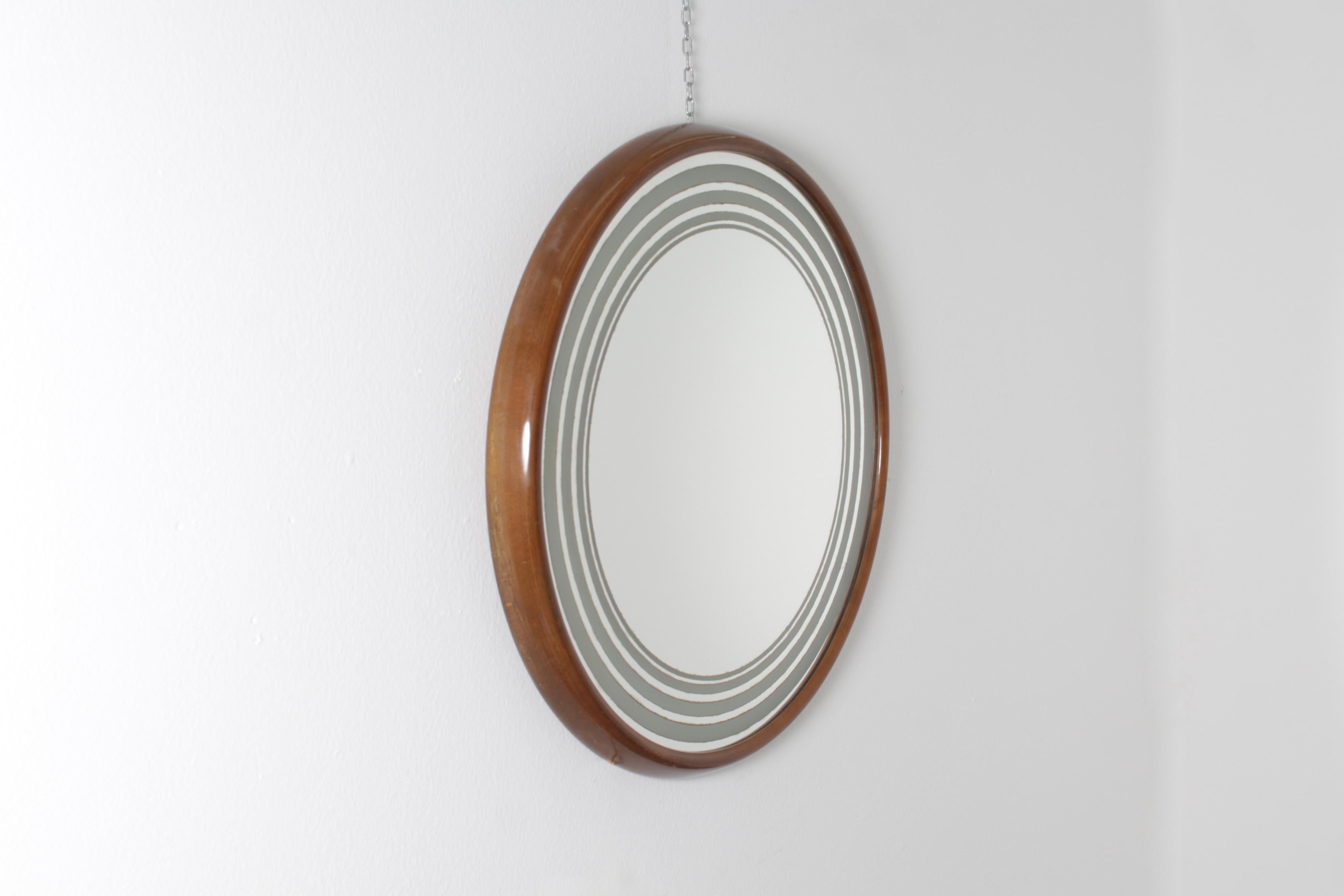 Italian Mid-Century Large Round Backlit Wooden Wall Mirror, 60s Italy For Sale