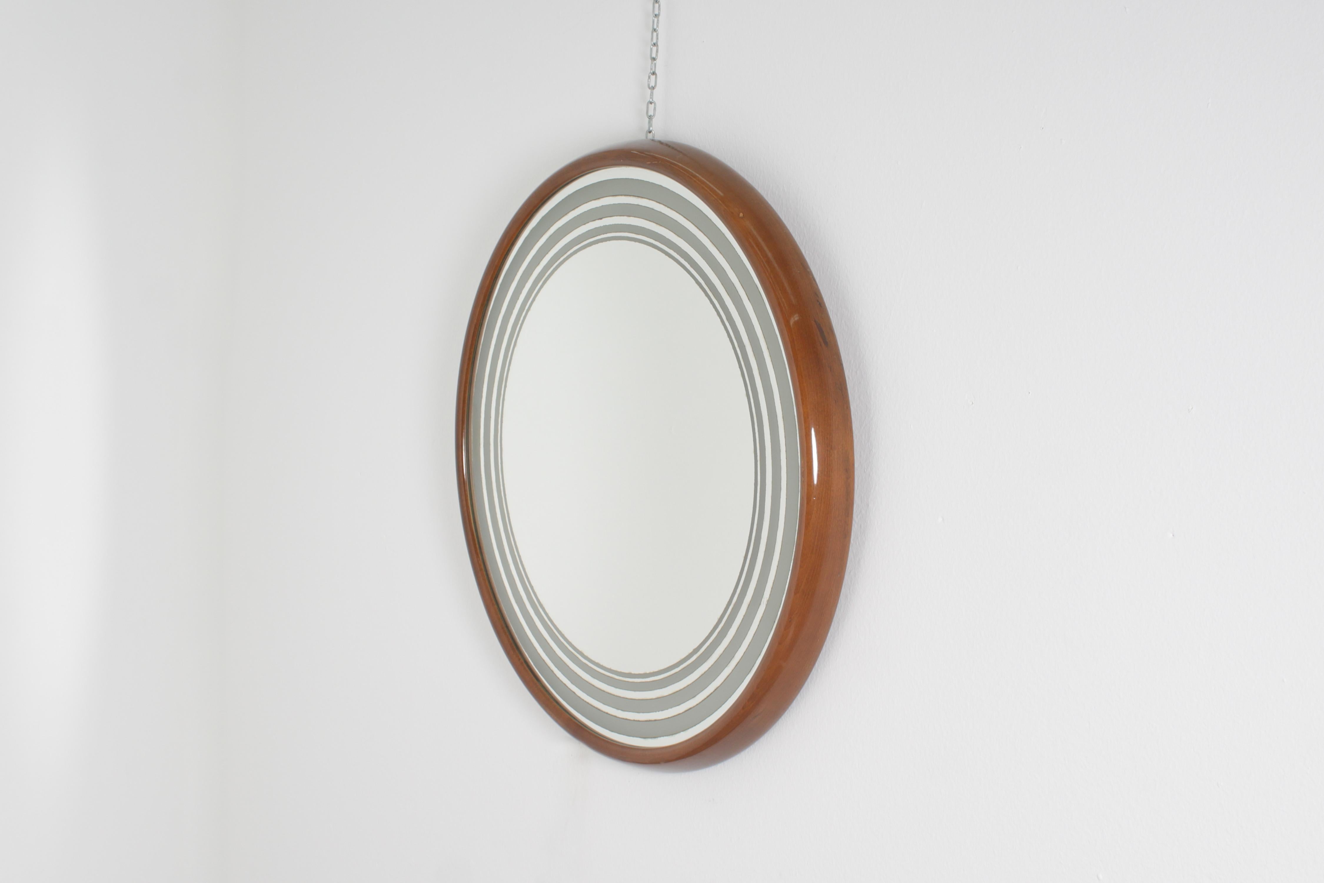 Mid-Century Large Round Backlit Wooden Wall Mirror, 60s Italy In Good Condition For Sale In Palermo, IT