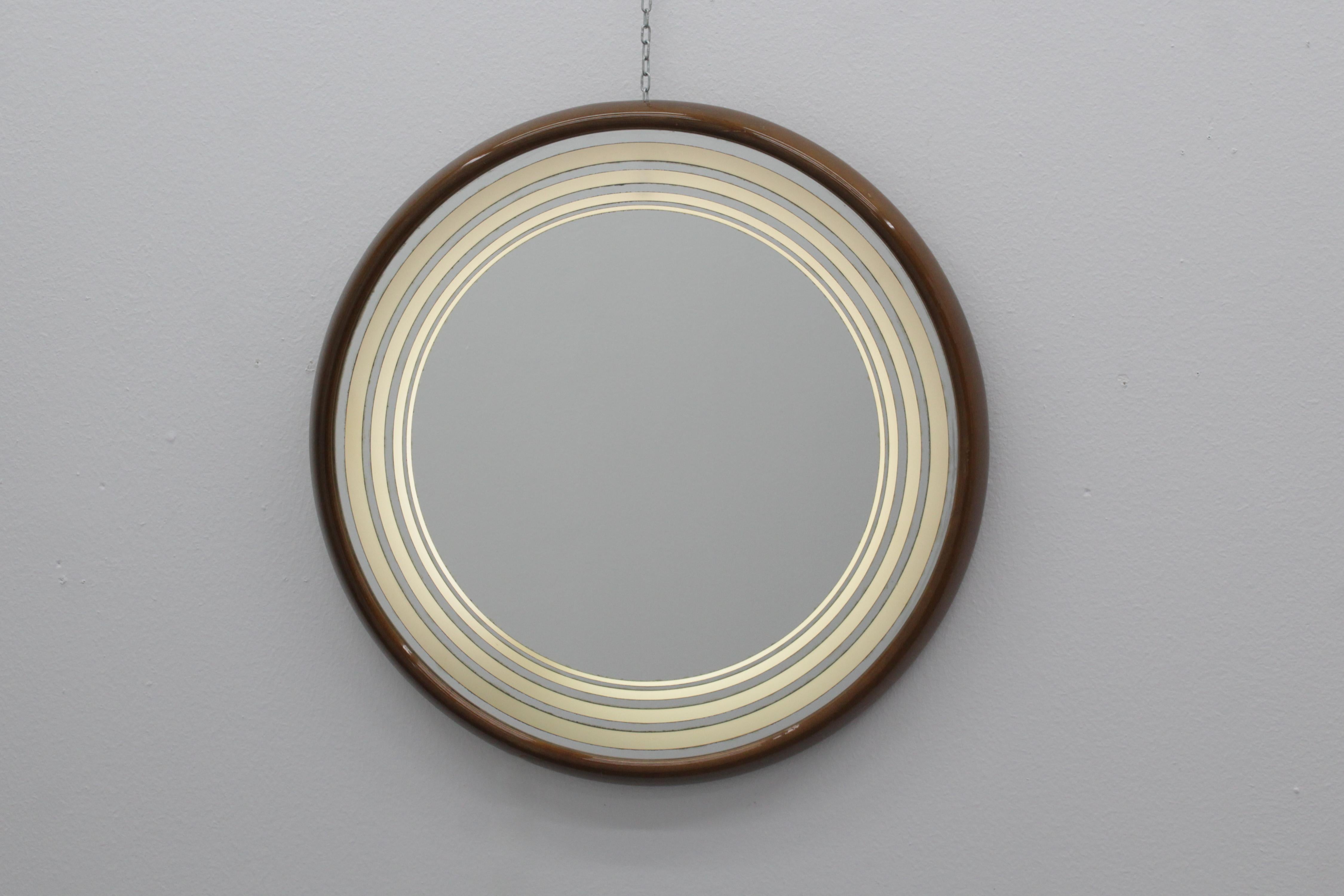 Mid-Century Large Round Backlit Wooden Wall Mirror, 60s Italy For Sale 3