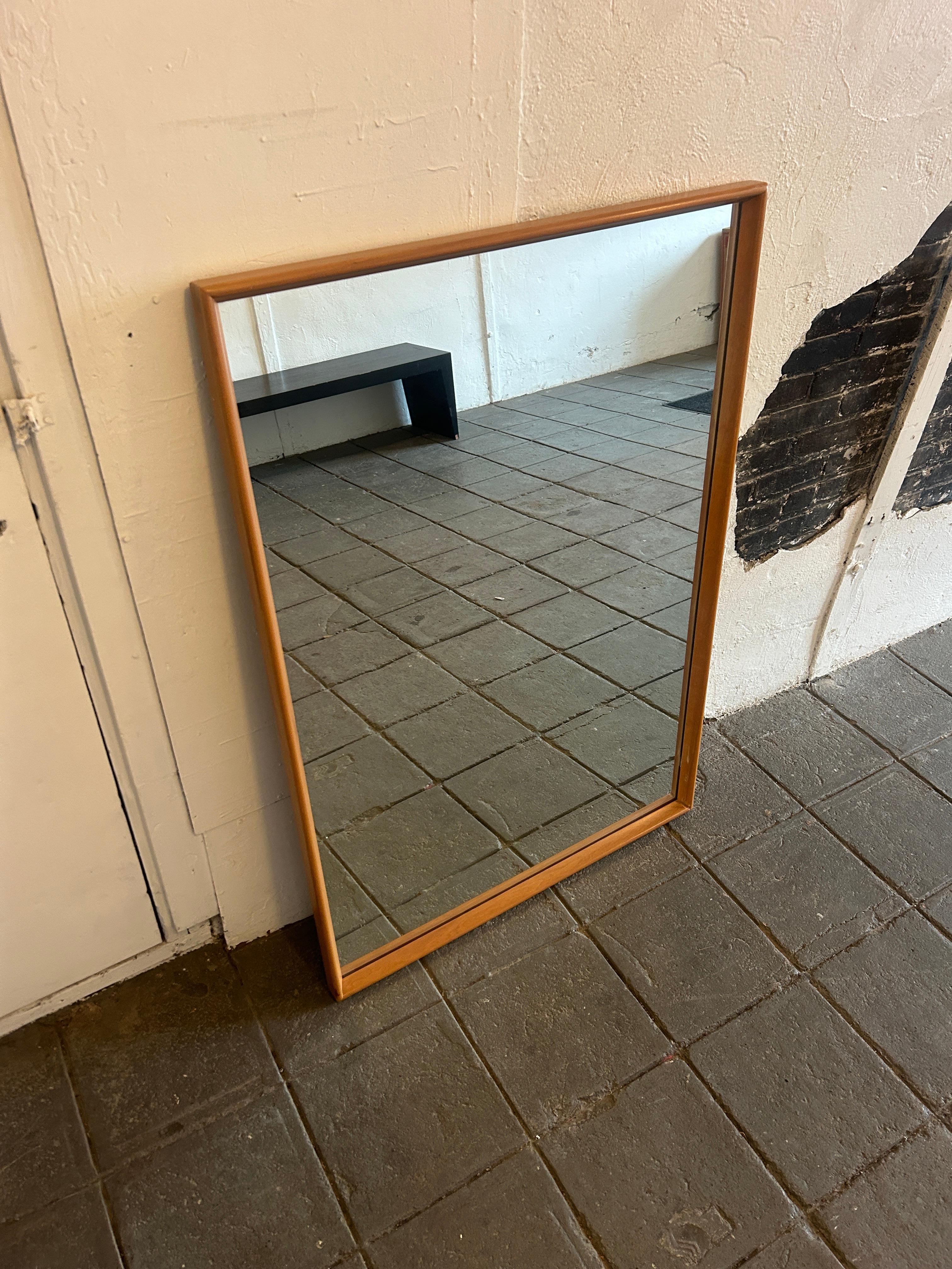 Woodwork Mid century large rounded blonde maple wall or floor mirror For Sale