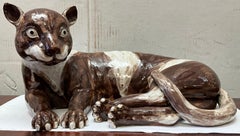 Mid-Century Large Scale Chinese Export Reclining Exotic Cat Pottery Figurine