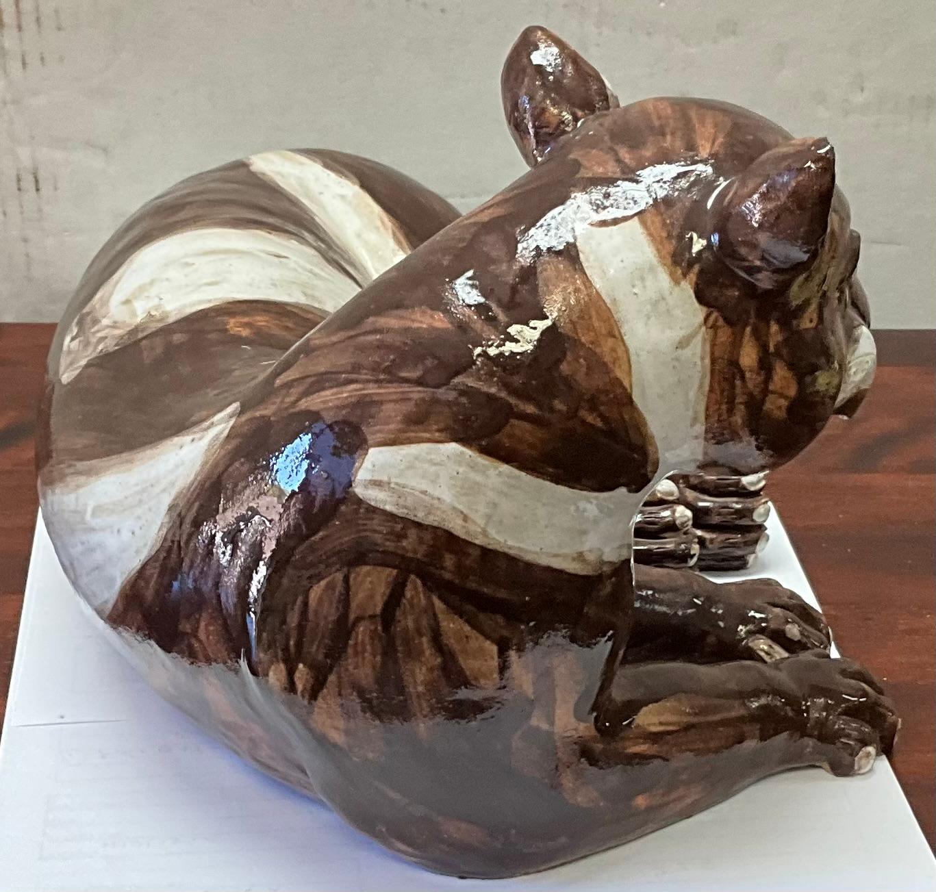 20th Century Mid-Century Large Scale Chinese Export Reclining Exotic Cat Pottery Figurine For Sale