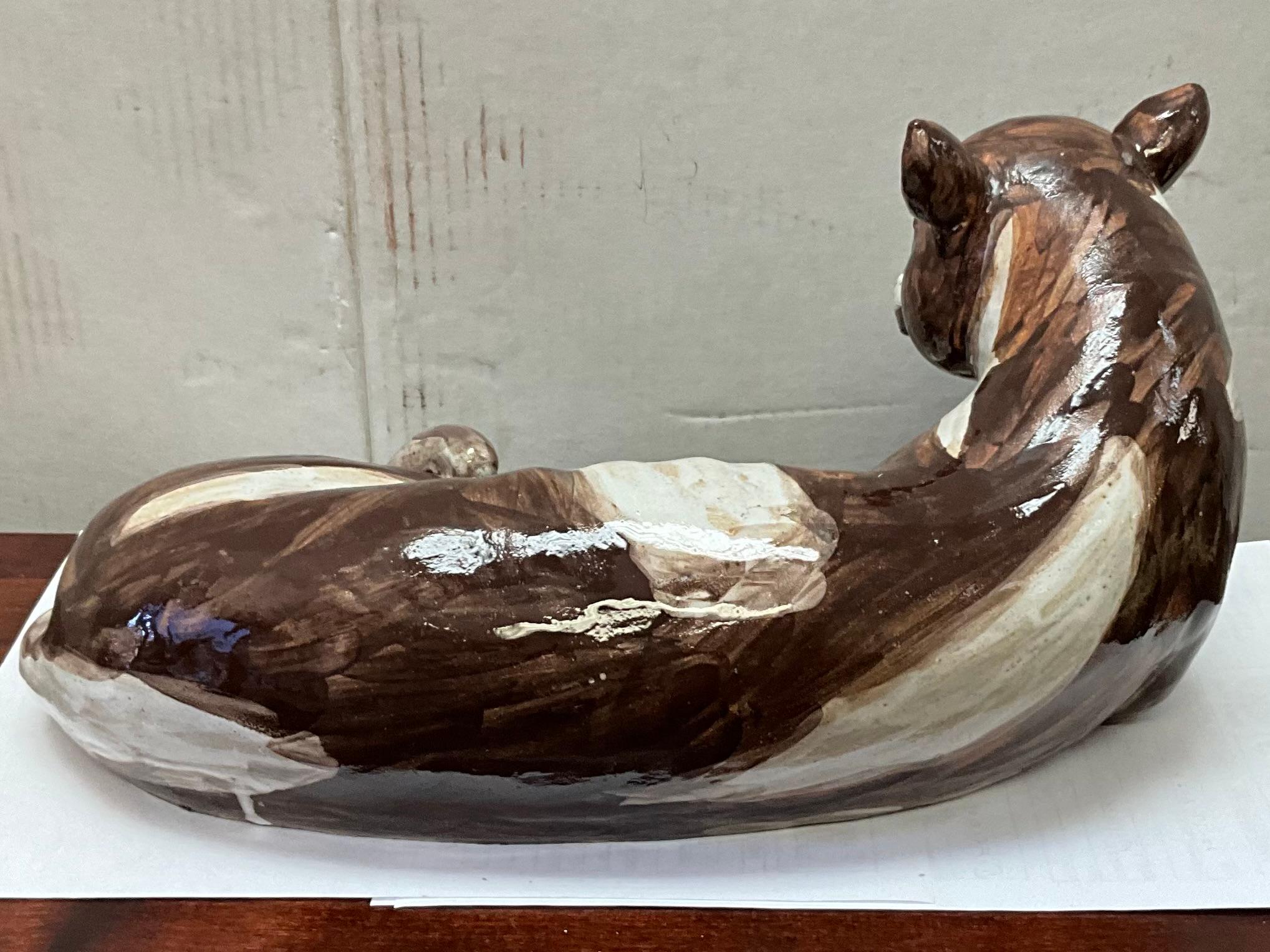 Mid-Century Large Scale Chinese Export Reclining Exotic Cat Pottery Figurine For Sale 2