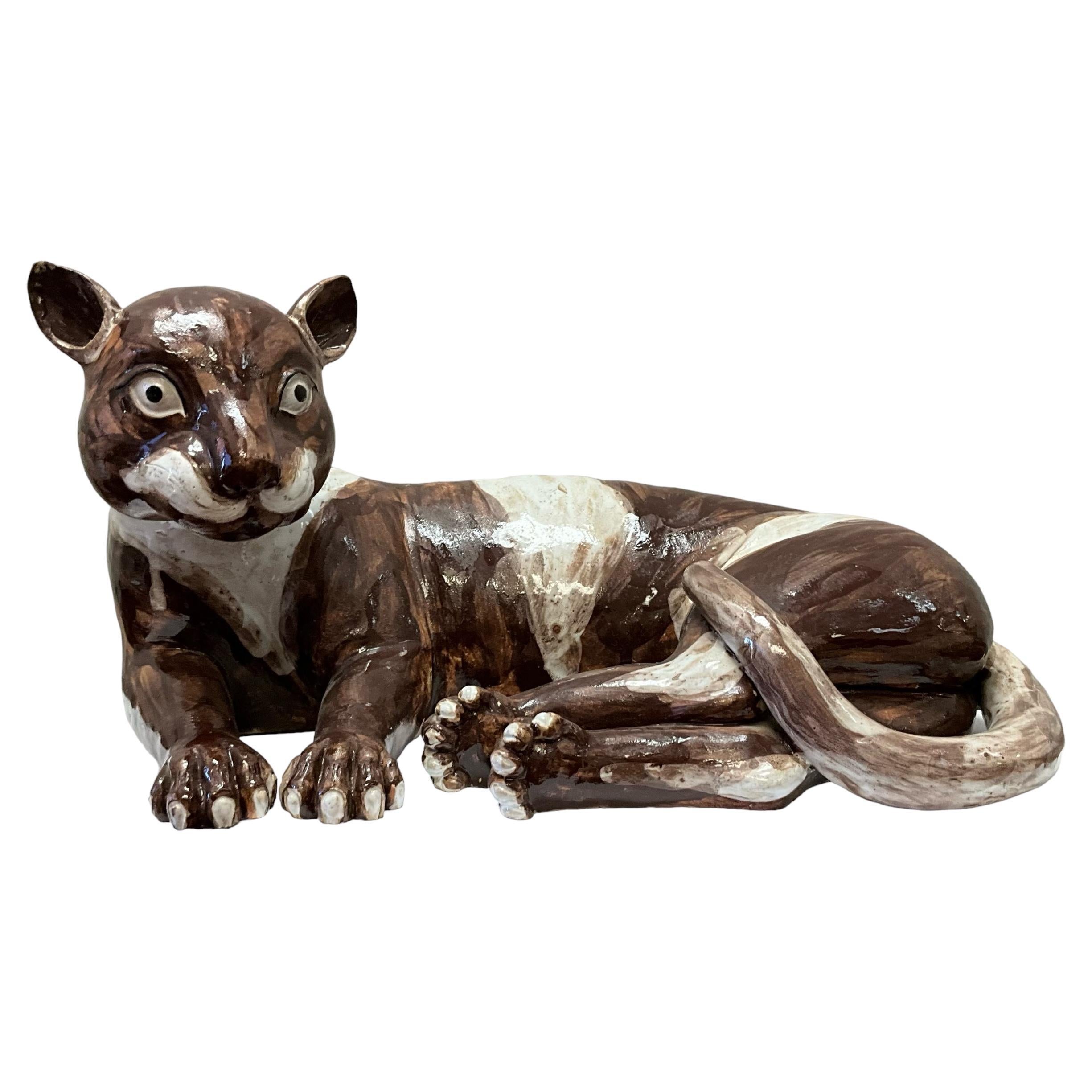 Mid-Century Large Scale Chinese Export Reclining Exotic Cat Pottery Figurine For Sale
