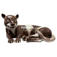 Vintage Mid-Century Large Scale Chinese Export Reclining Exotic Cat Pottery Figurine