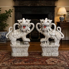 Mid-Century Large Scale Chinese Foo Dog Ceramic Pottery Figurines - Set of 2