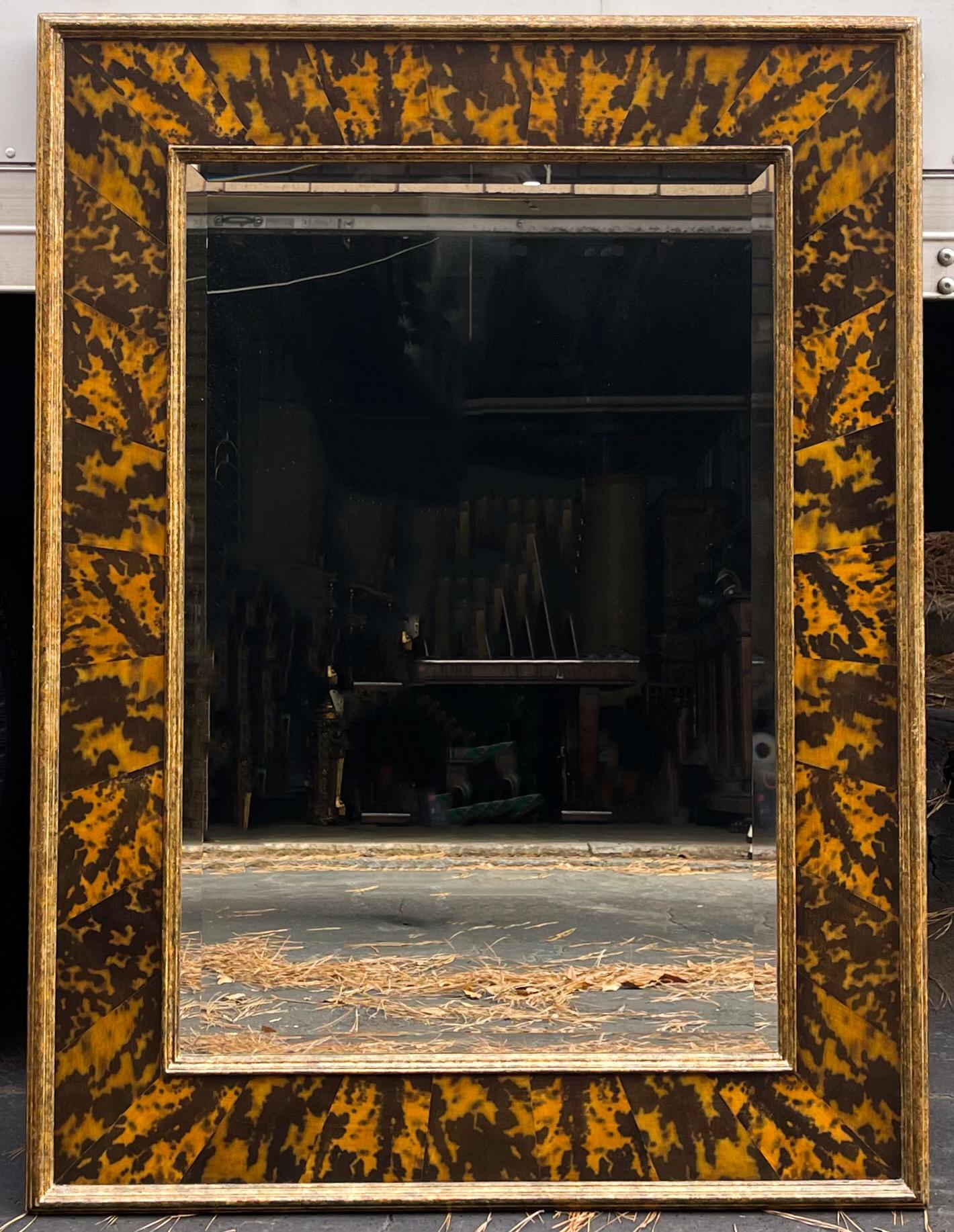 Mid-Century Large Scale Italian Faux Tortoise Shell and Giltwood Mirror In Good Condition In Kennesaw, GA