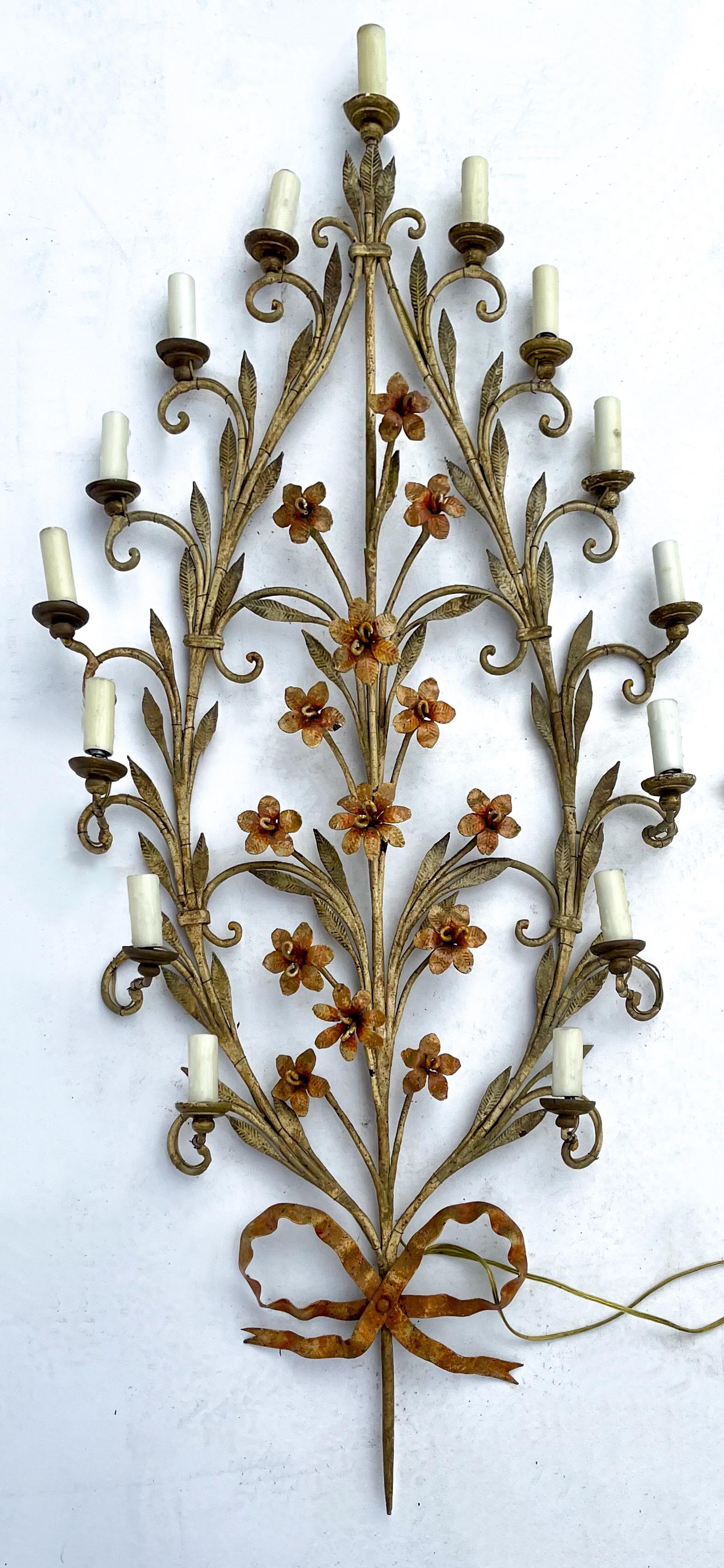 Other Midcentury Large Scale Italian Floral Tole Sconces, Pair