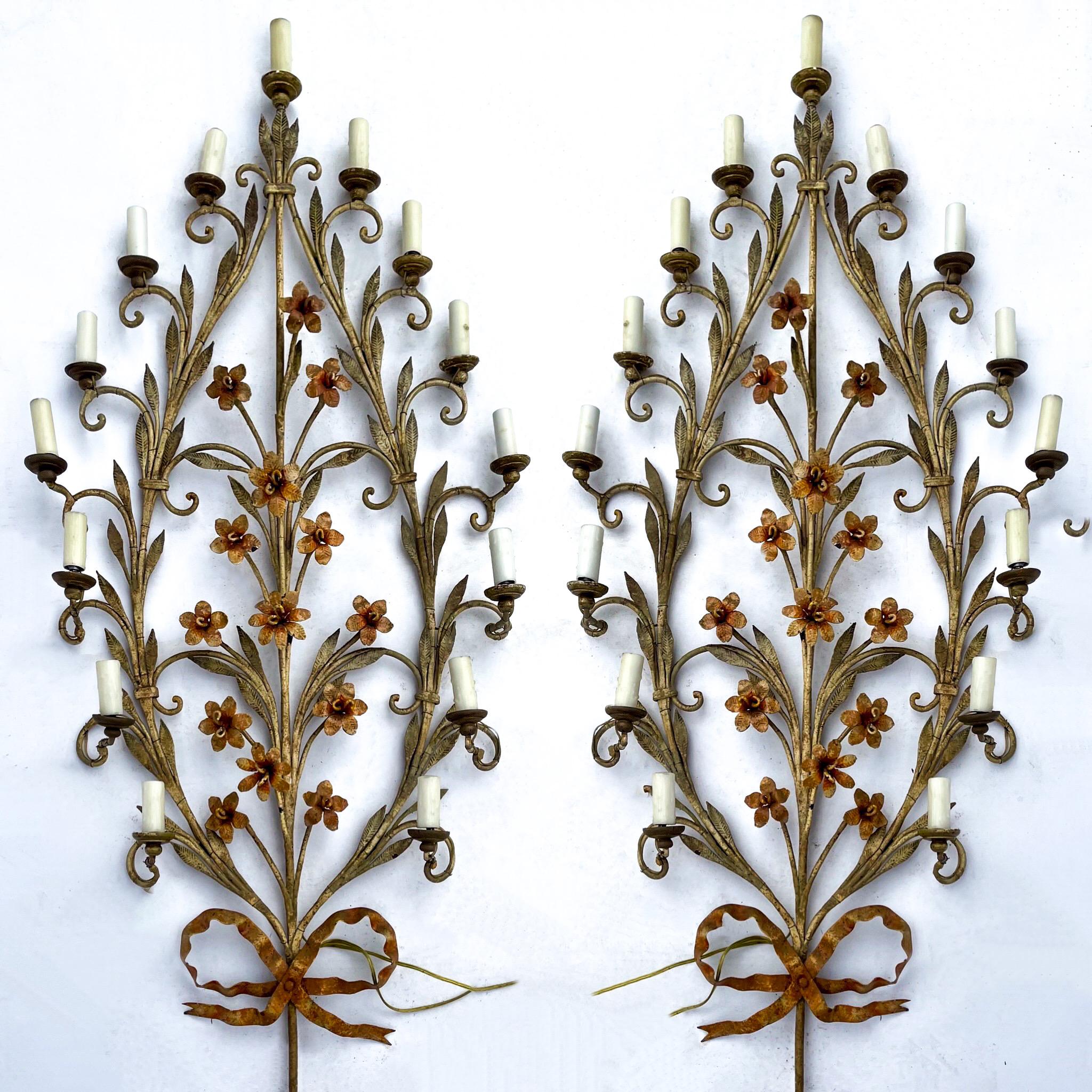 Midcentury Large Scale Italian Floral Tole Sconces, Pair In Good Condition In Kennesaw, GA