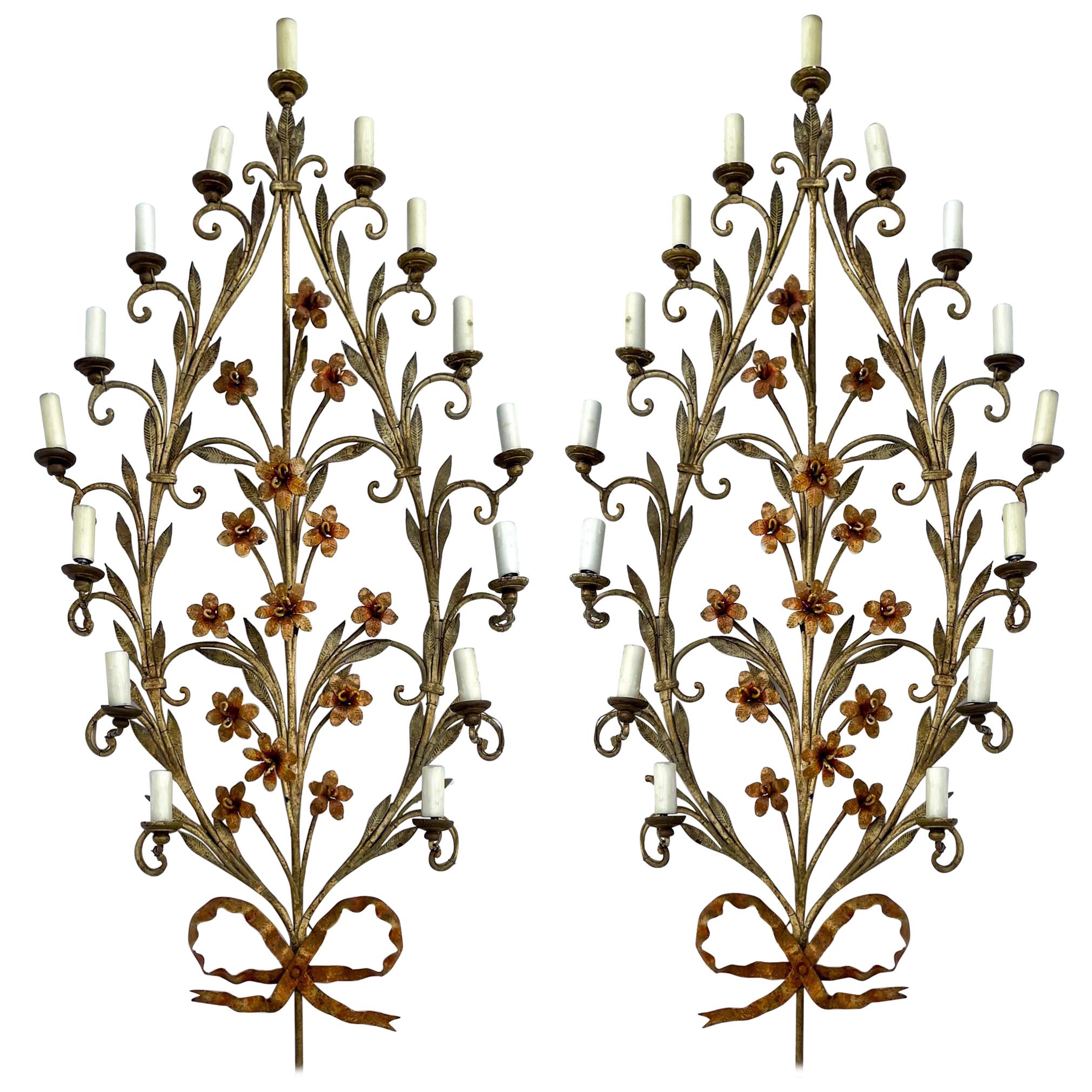 Midcentury Large Scale Italian Floral Tole Sconces, Pair