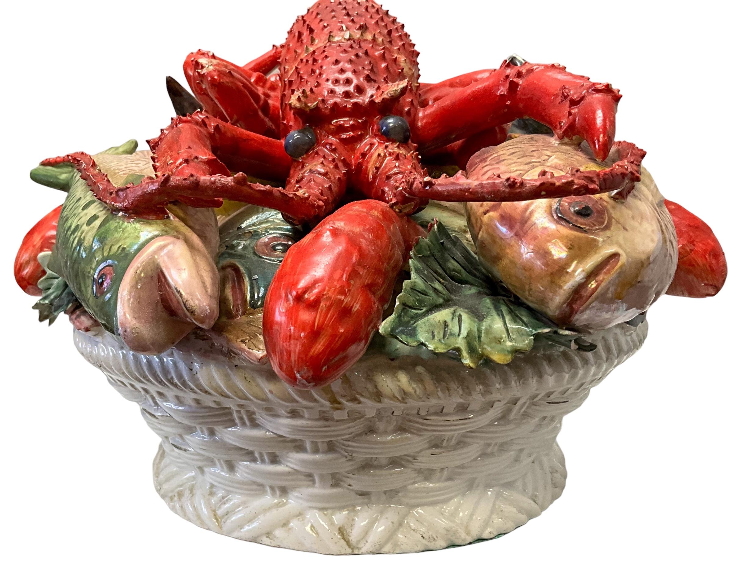 20th Century Mid-Century Large Scale Italian Terracotta Maine Lobster & Fish Tureen Figurine  For Sale