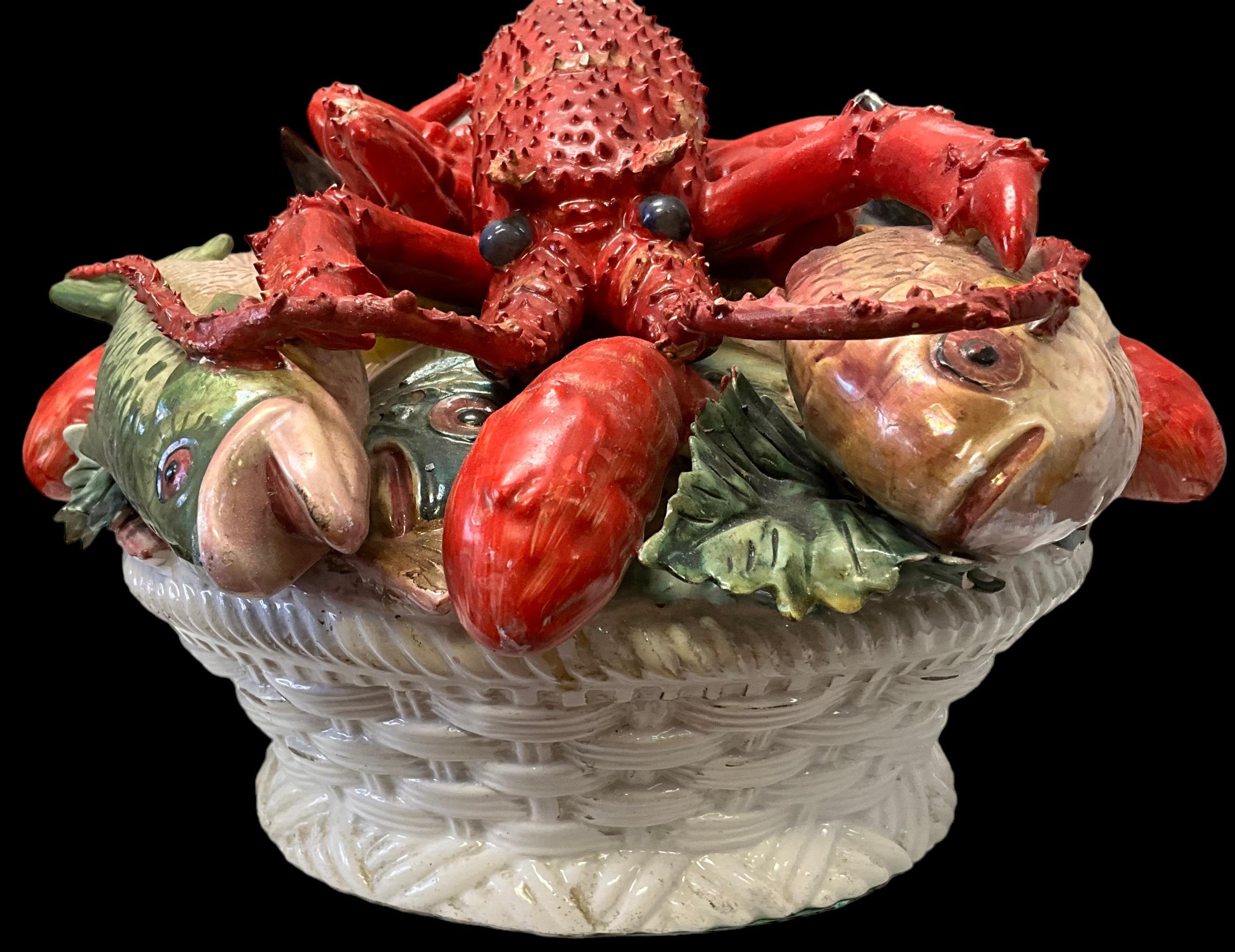 Mid-Century Large Scale Italian Terracotta Maine Lobster & Fish Tureen Figurine  For Sale 1