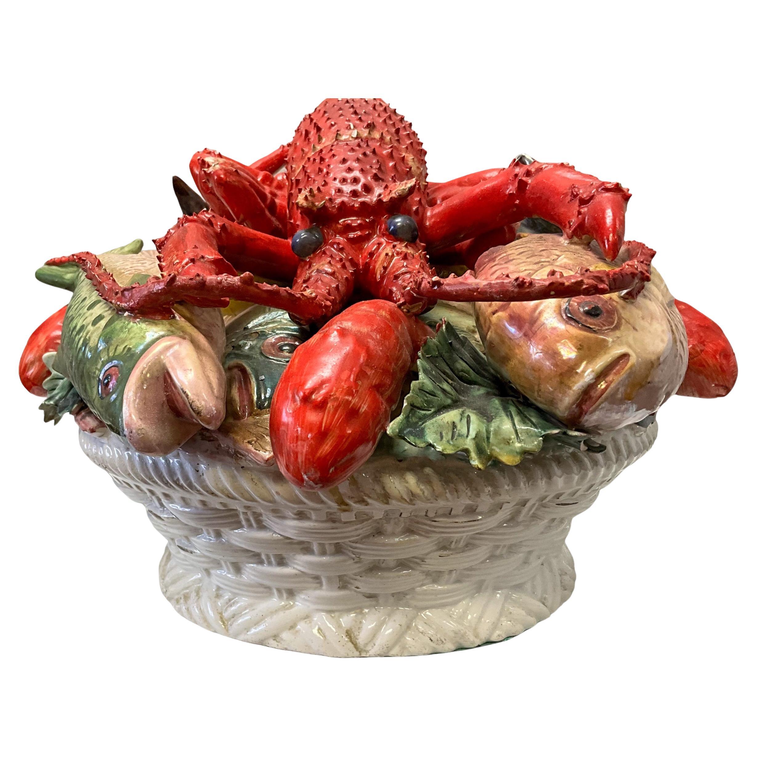Mid-Century Large Scale Italian Terracotta Maine Lobster & Fish Tureen Figurine  For Sale