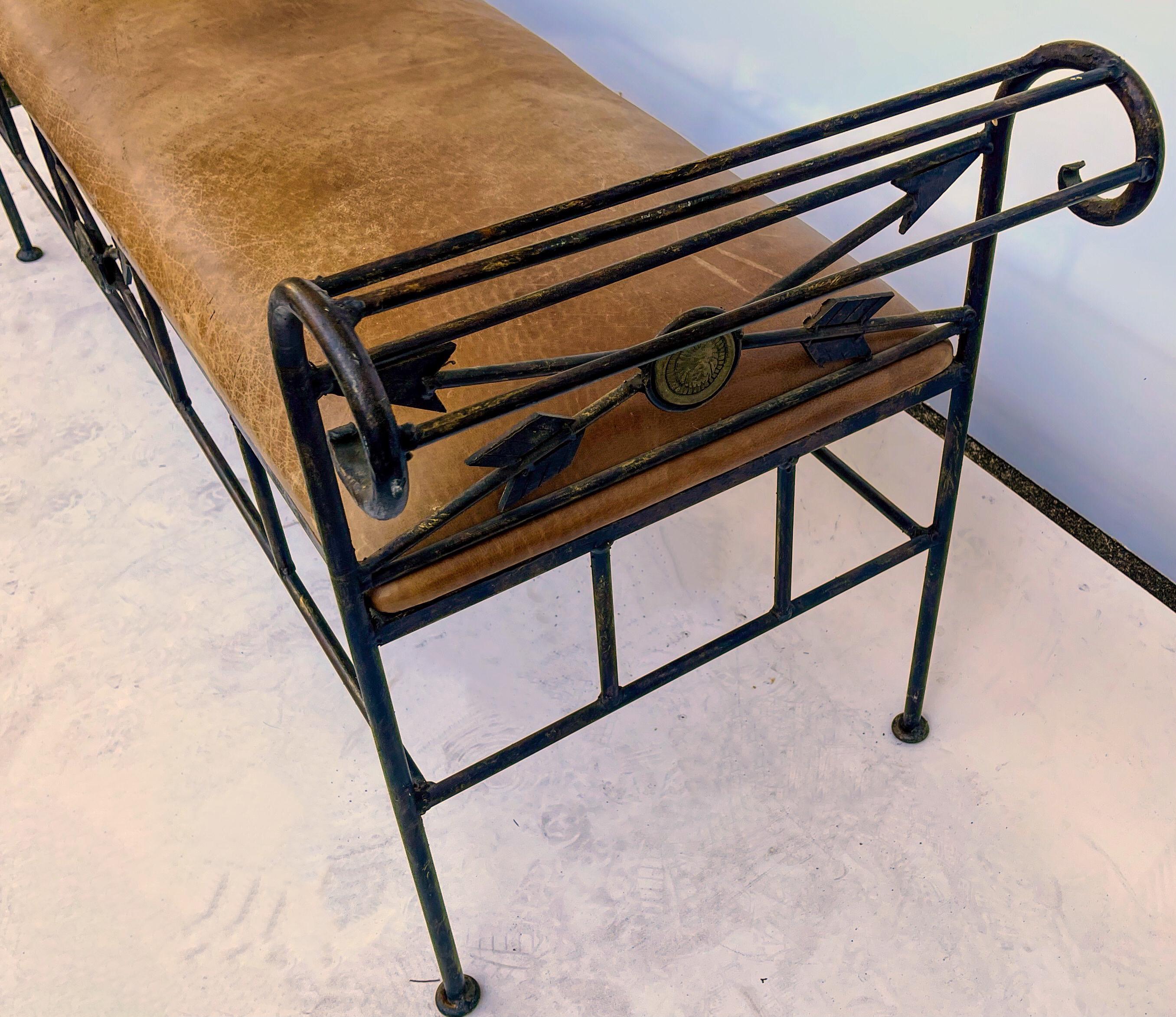 Neoclassical Mid-Century Large Scale Neo-Classical Style Italian Iron and Leather Bench For Sale