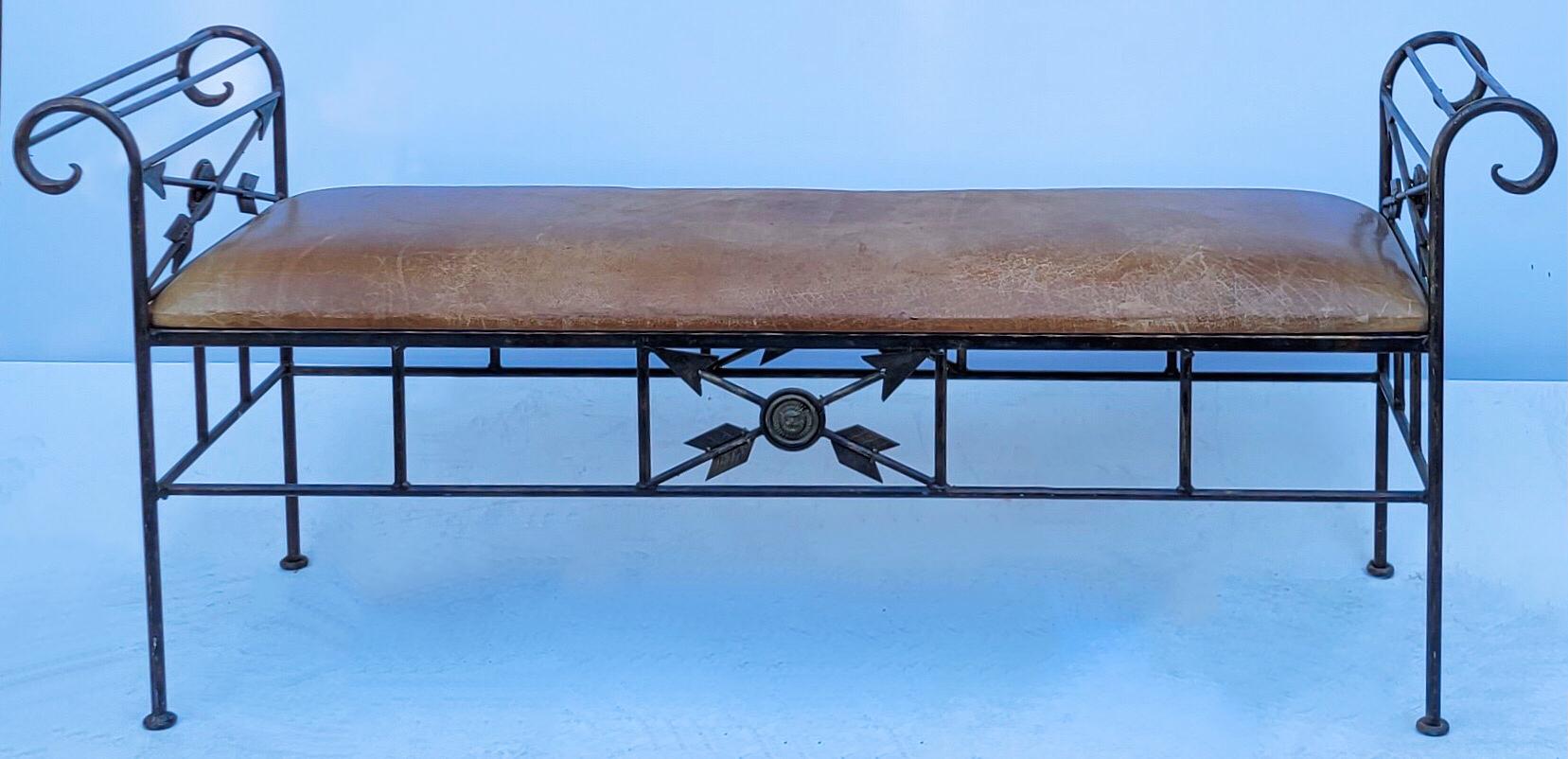 Mid-Century Large Scale Neo-Classical Style Italian Iron and Leather Bench In Good Condition For Sale In Kennesaw, GA