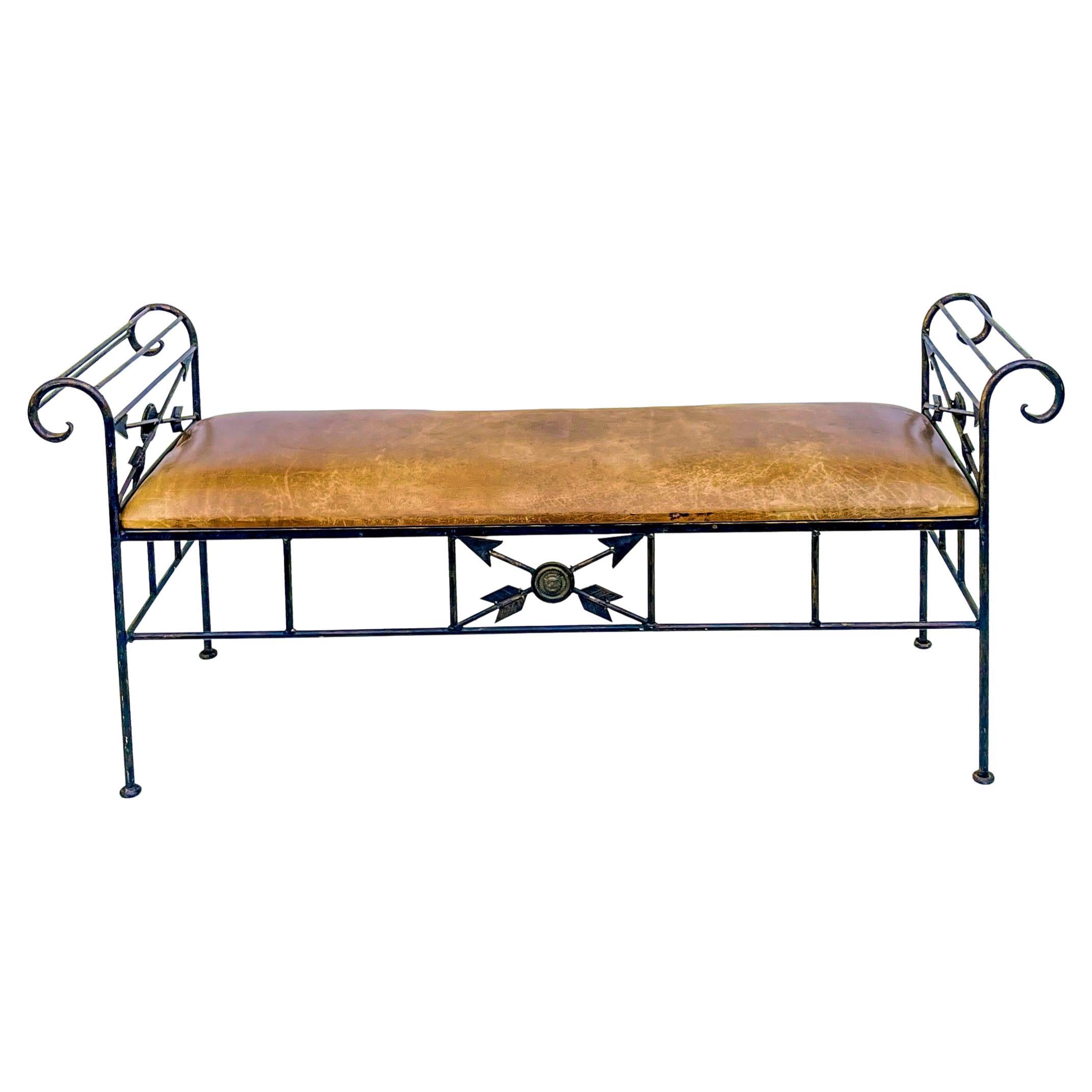 Mid-Century Large Scale Neo-Classical Style Italian Iron and Leather Bench For Sale