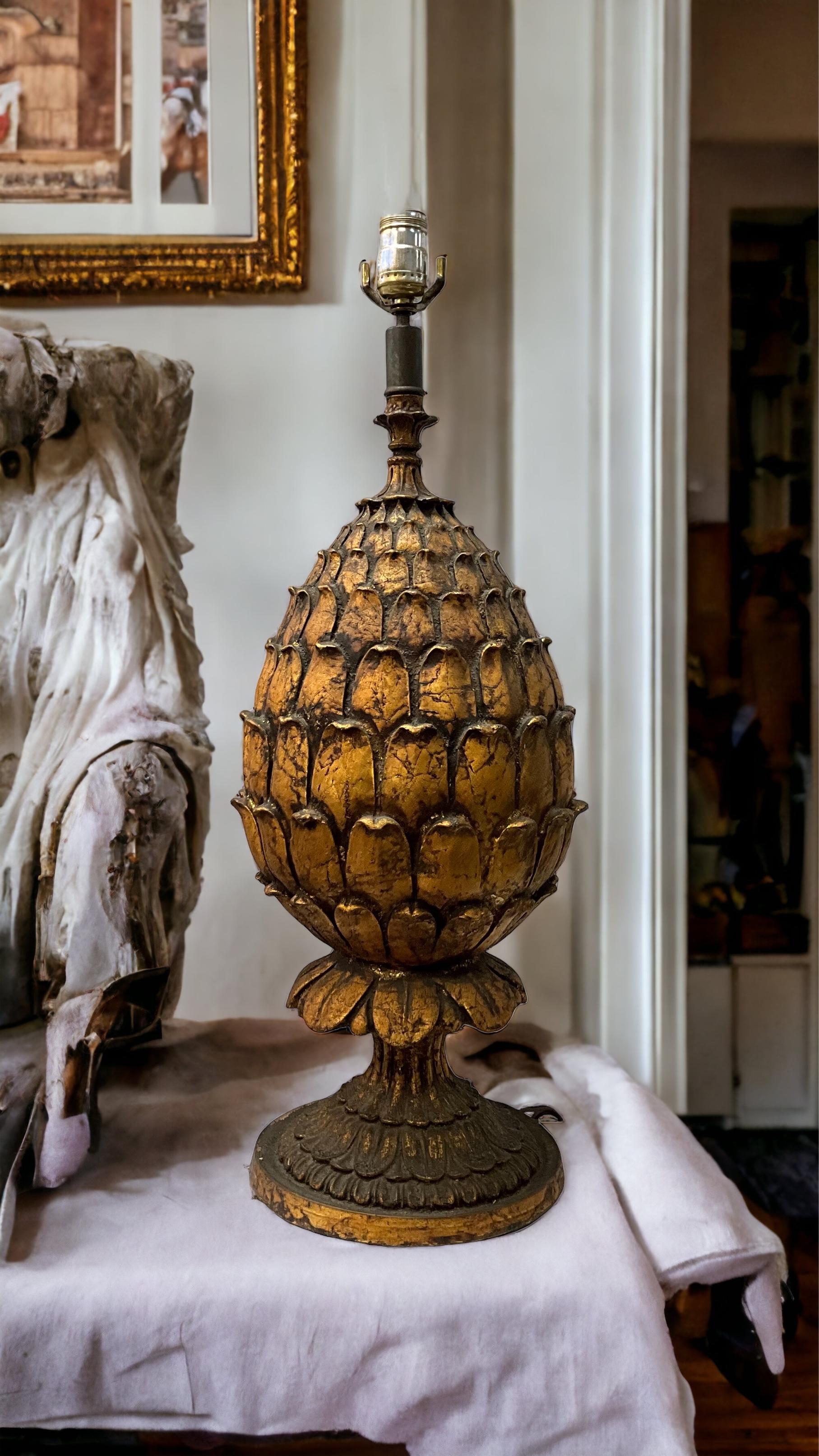 This is a large scale regency style artichoke form table lamp in working order. The body is a mix of composite and wood. It is a good looking piece!