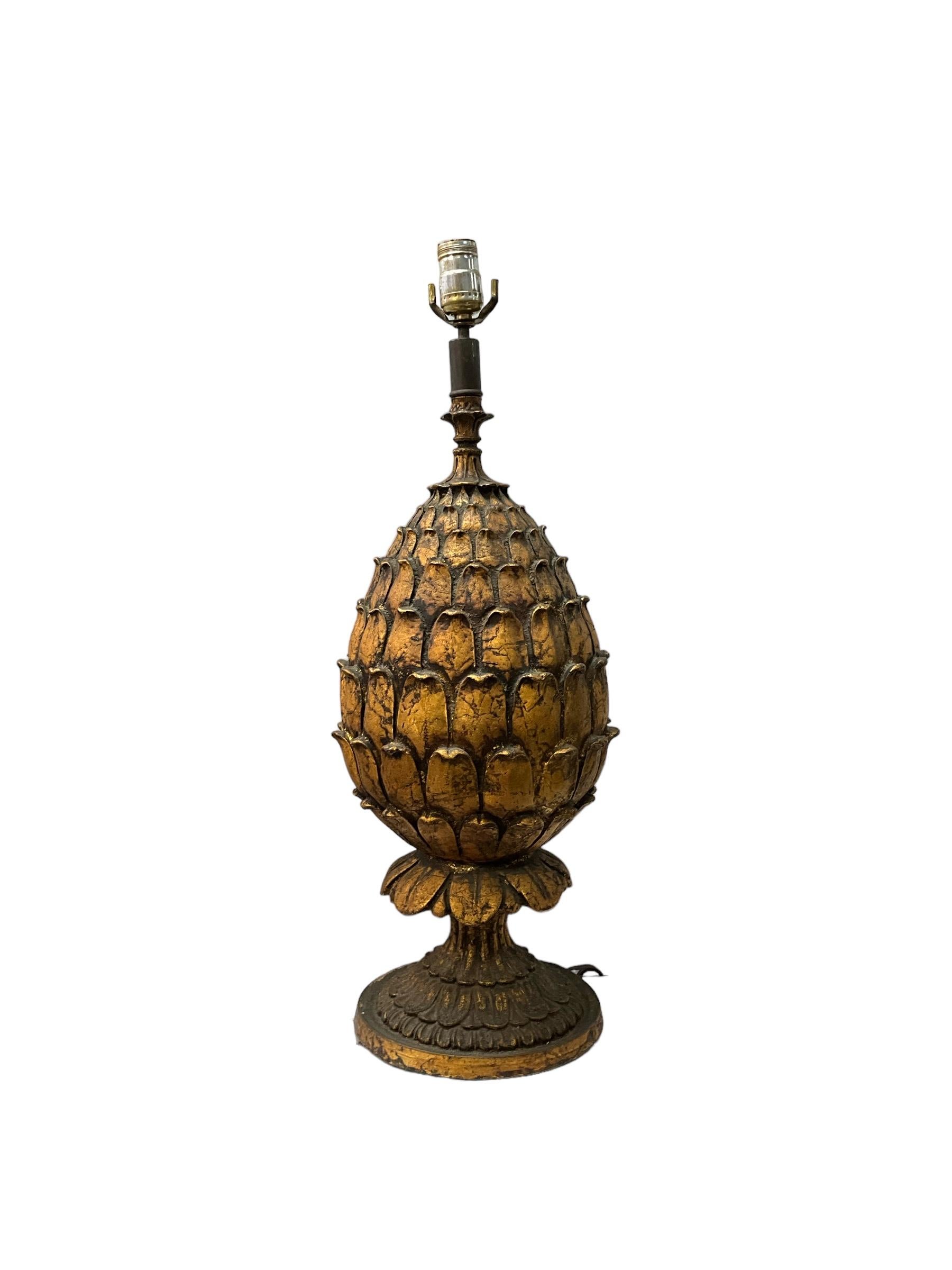 Mid-Century Large Scale Regency Style Gilded Artichoke Table Lamp In Good Condition For Sale In Kennesaw, GA