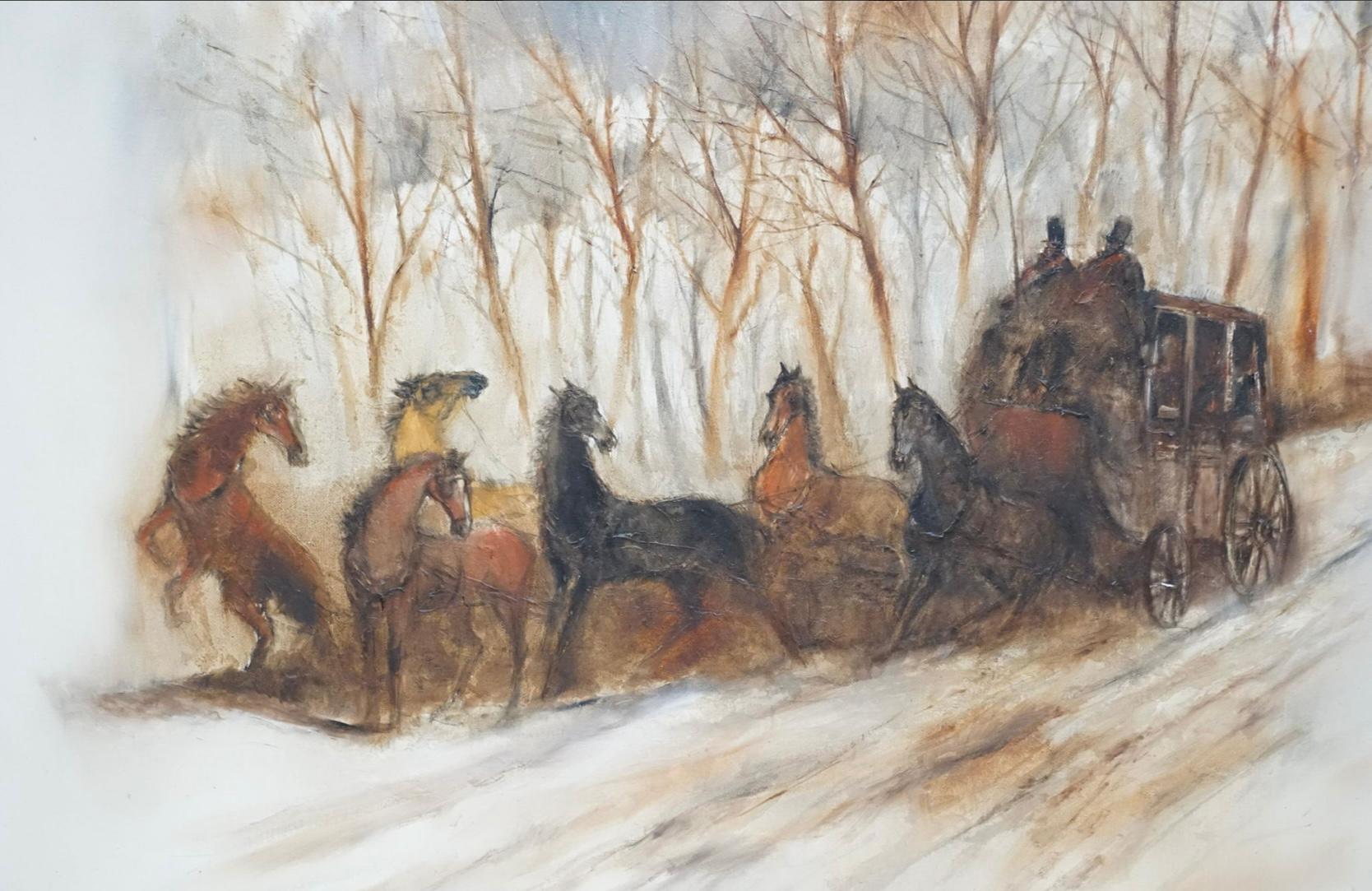 Mid-Century Large Signed Oil On Canvas - Western Horse & Carriage Gilt gerahmt (Amerikanische Klassik) im Angebot