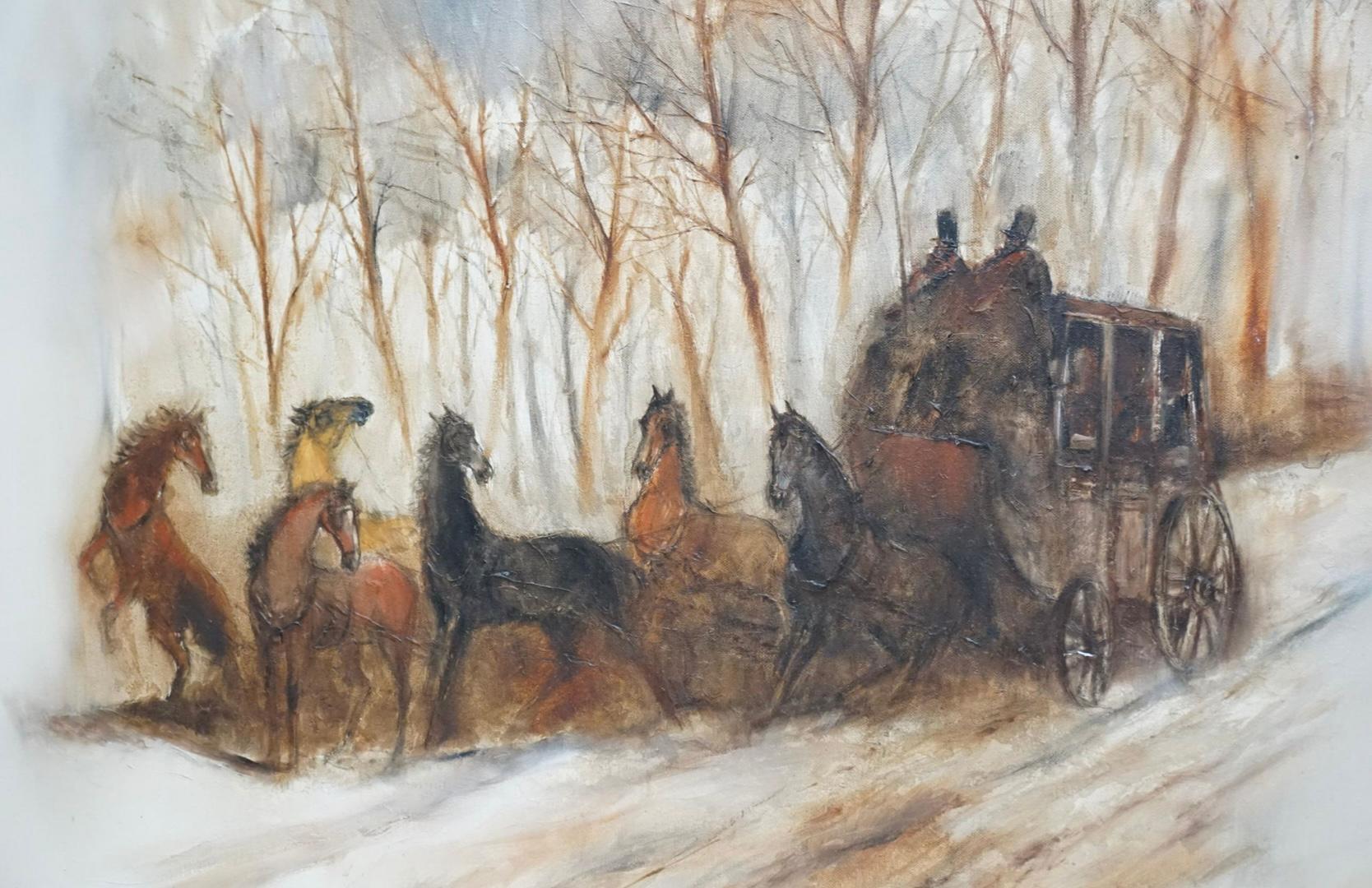 Mid-Century Large Signed Oil On Canvas - Western Horse & Carriage Gilt gerahmt im Zustand „Gut“ im Angebot in Kennesaw, GA