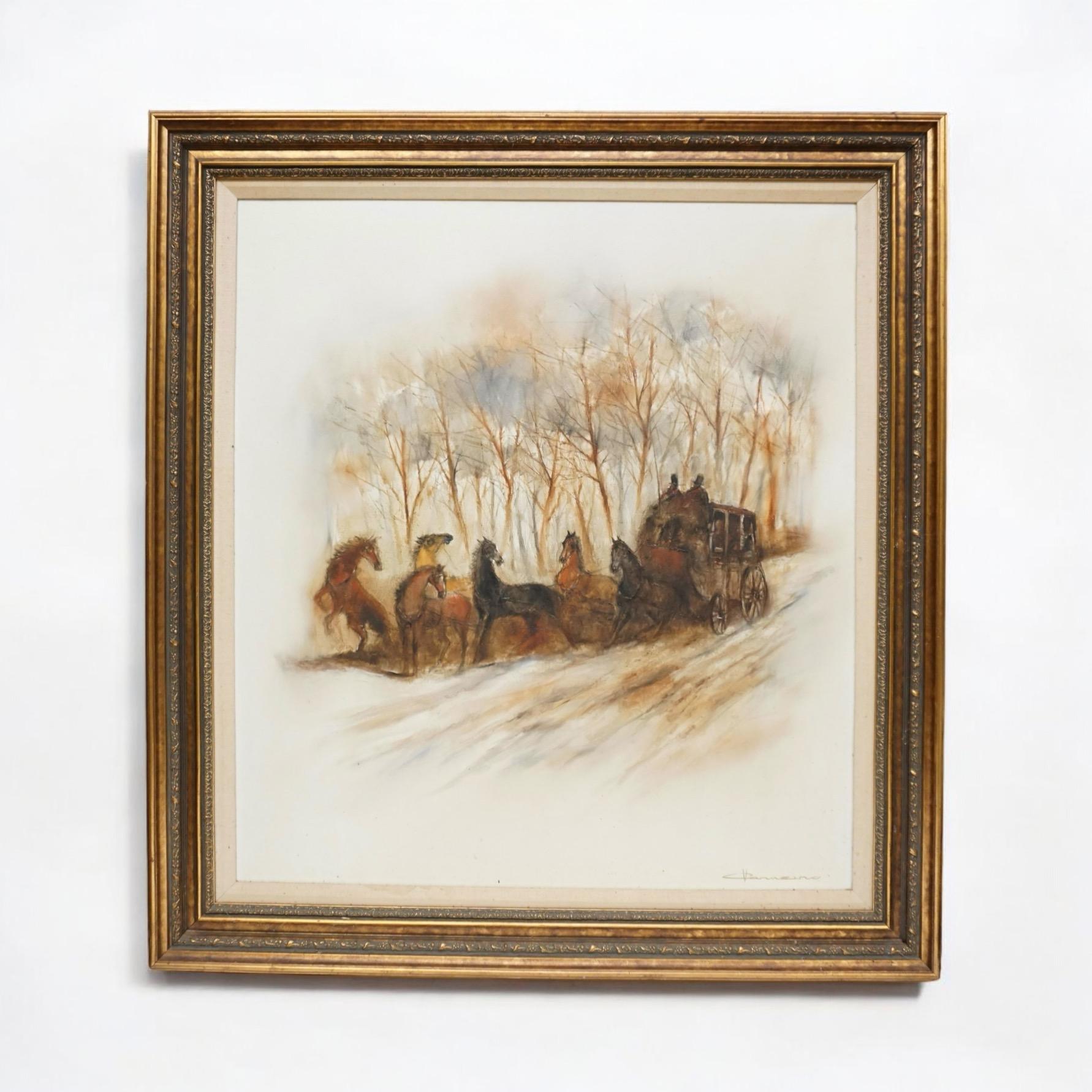 Mid-Century Large Signed Oil On Canvas - Western Horse & Carriage Gilt gerahmt im Angebot 1