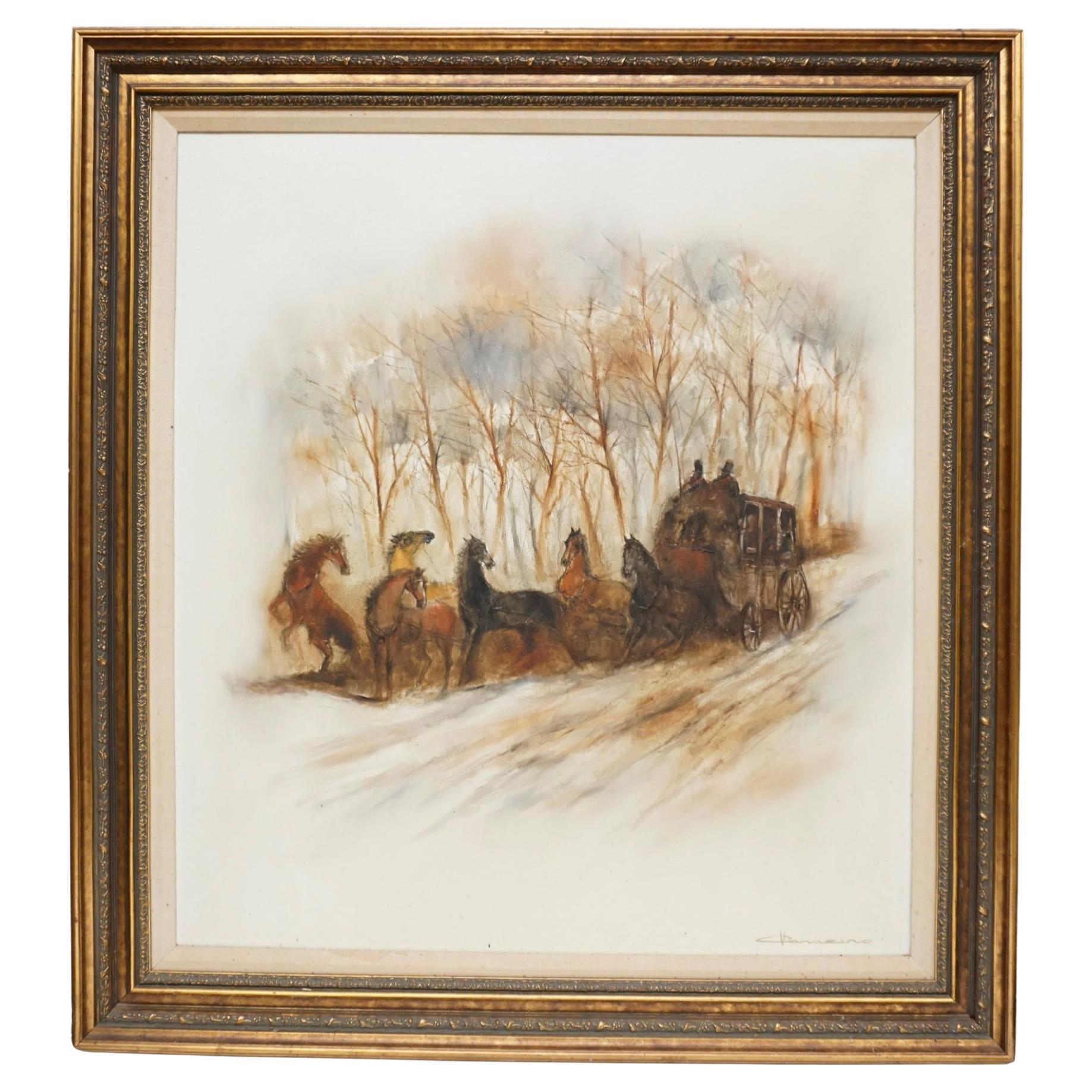 Mid-Century Large Signed Oil On Canvas - Western Horse & Carriage Gilt gerahmt