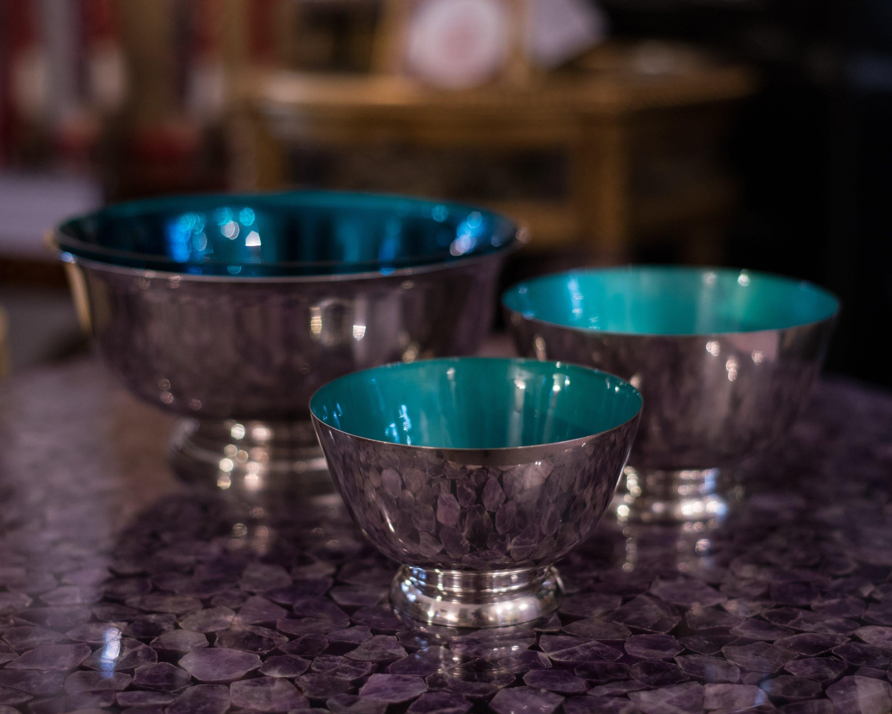 Mid-Century Modern Mid-Century Large Sterling Silver Bowl with Vivid Teal Blue Glass Liner