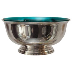 Mid-Century Large Sterling Silver Bowl with Vivid Teal Blue Glass Liner