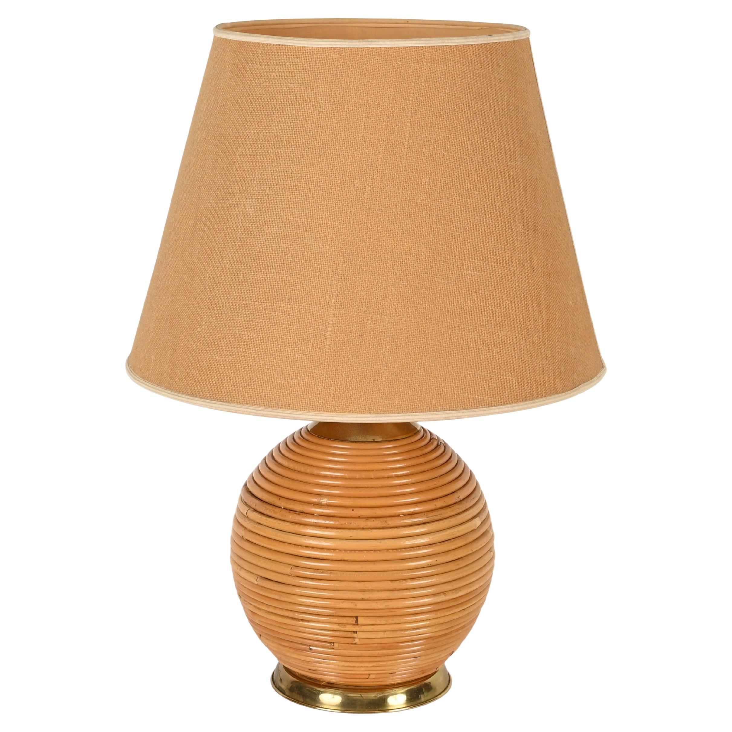 Grande lampe de table du milieu du siècle en rotin et laiton par Vivai del Sud, Italie 1970 en vente