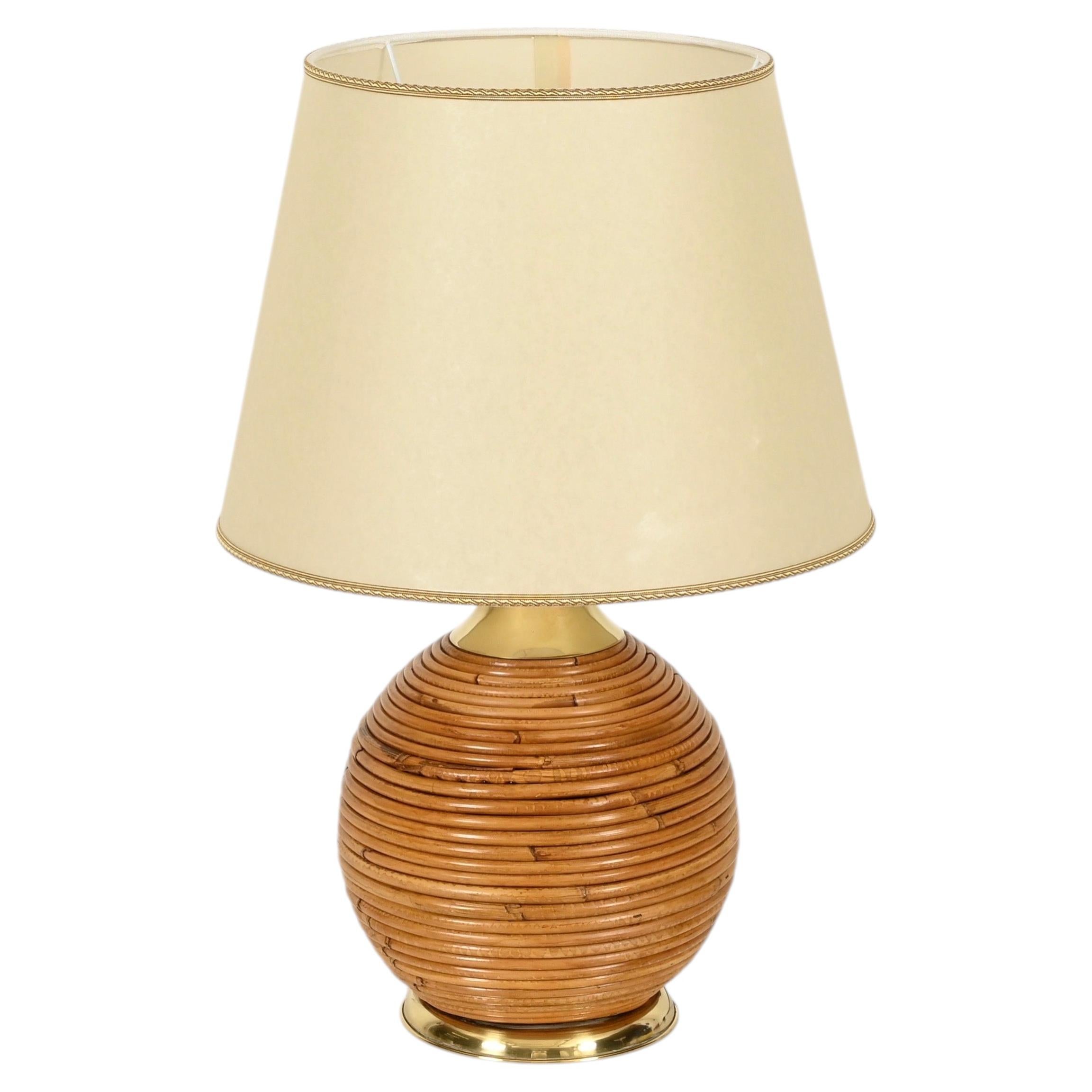 Große Tischlampe im Mid-Century-Stil aus Rattan und Messing von Vivai Del Sud, Italien, 1970er Jahre