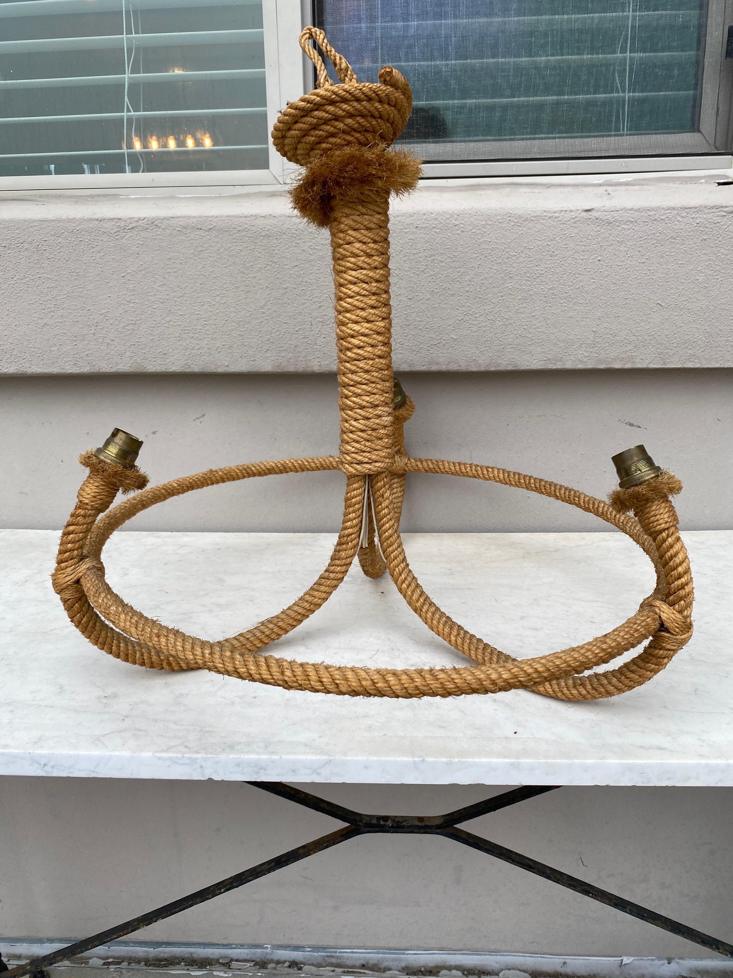 French Mid-Century Large Three Arms Rope Chandelier Adrien Audoux and Frida Minet