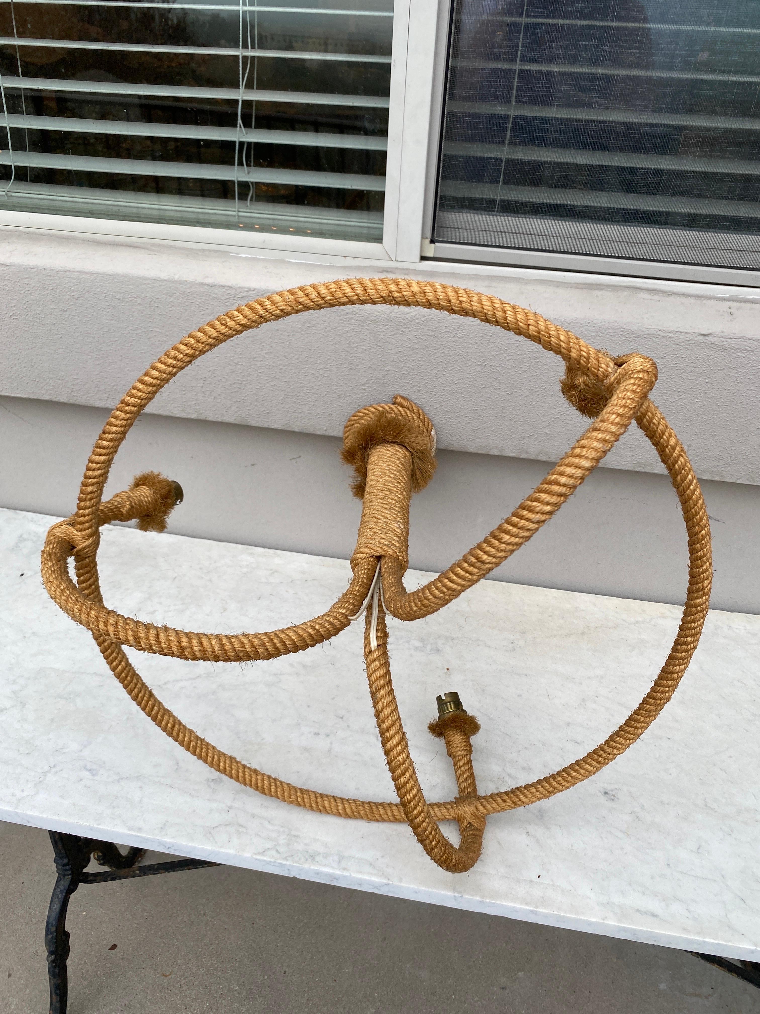 Mid-Century Large Three Arms Rope Chandelier Adrien Audoux and Frida Minet In Good Condition In Austin, TX