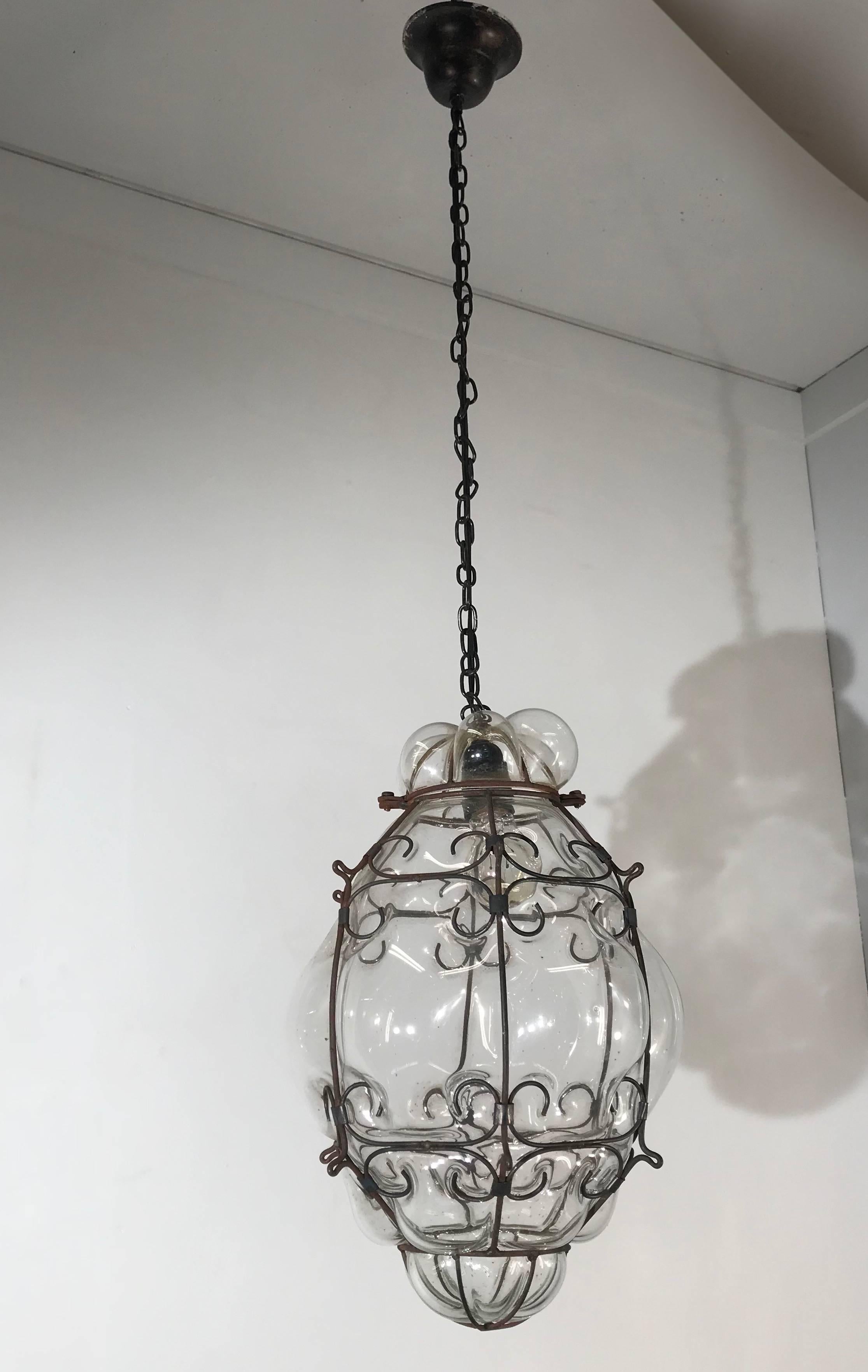 Mid-Century Large Venetian Mouth Blown Glass in Metal Frame Pendant Light 3