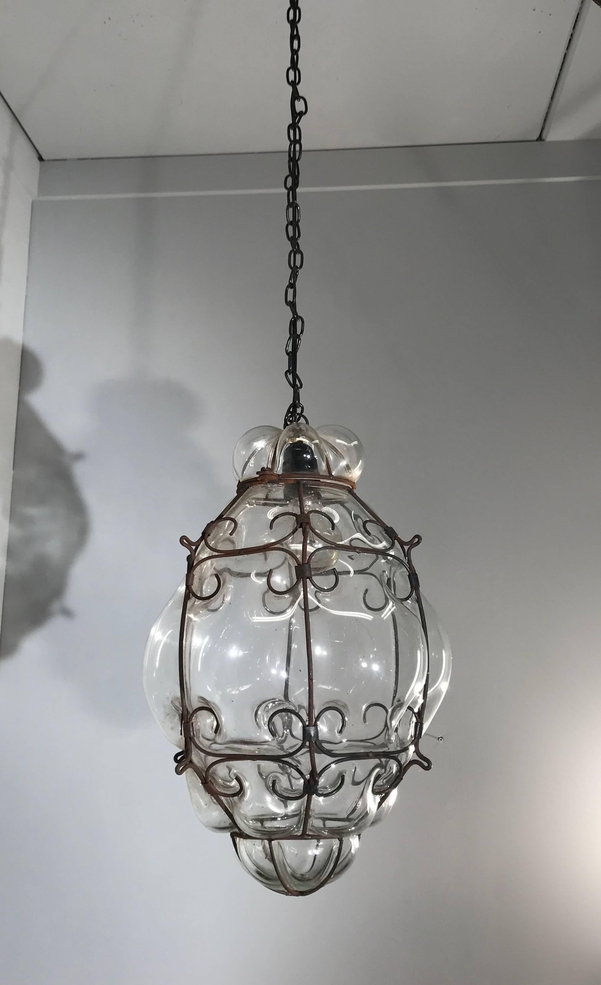 Mid-Century Large Venetian Mouth Blown Glass in Metal Frame Pendant Light 4