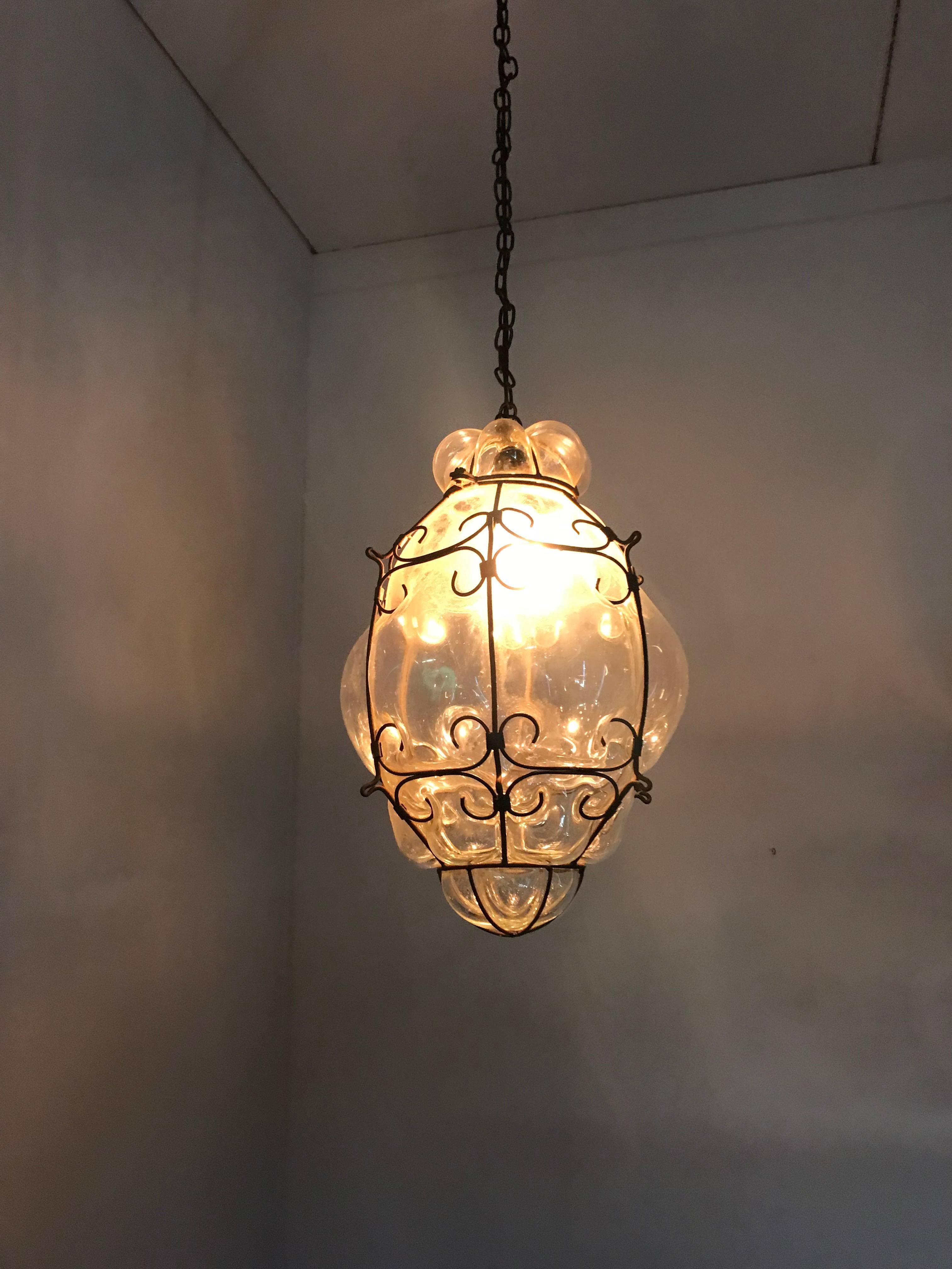 Mid-Century Large Venetian Mouth Blown Glass in Metal Frame Pendant Light 5