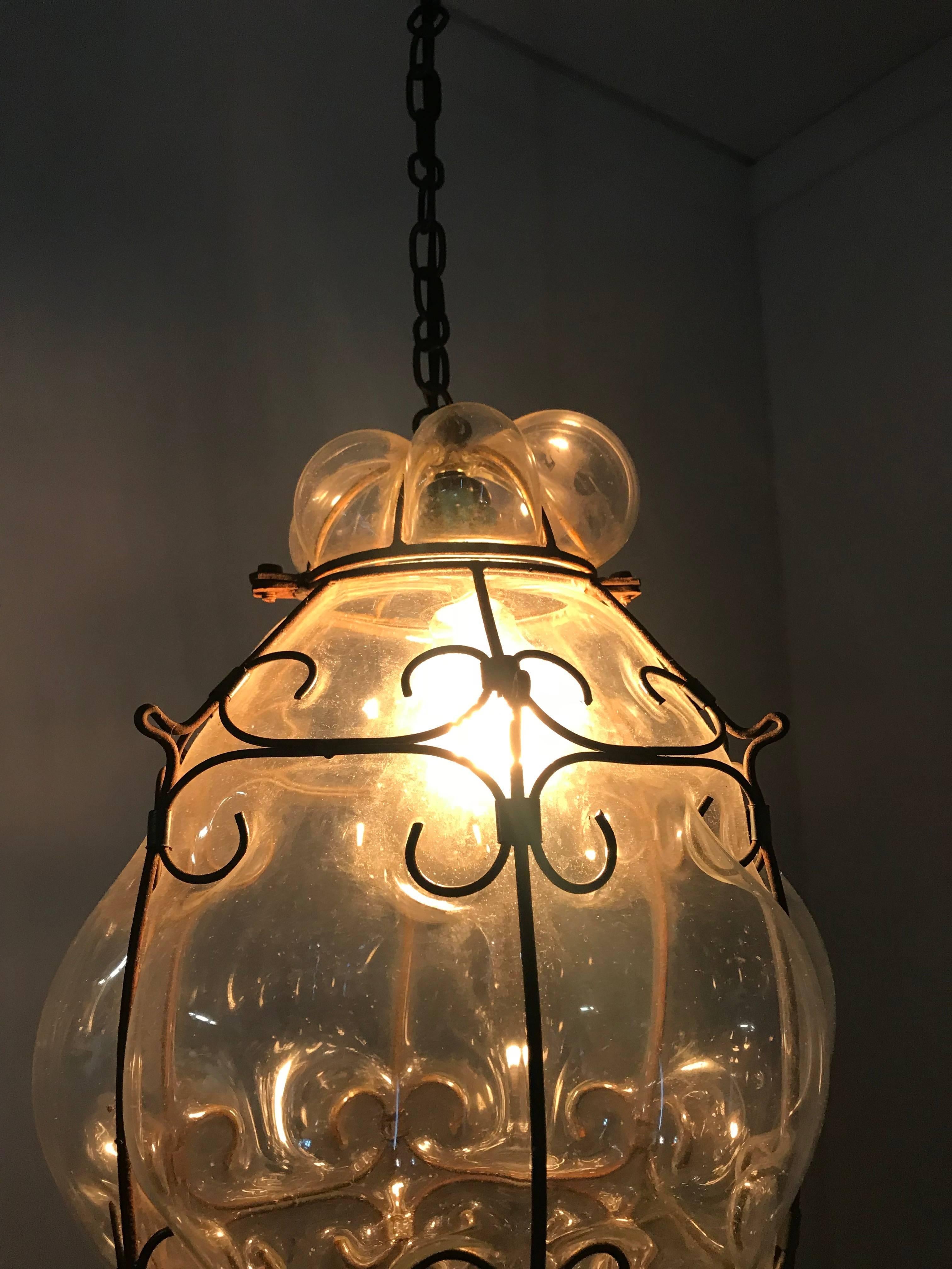 Mid-Century Large Venetian Mouth Blown Glass in Metal Frame Pendant Light 7