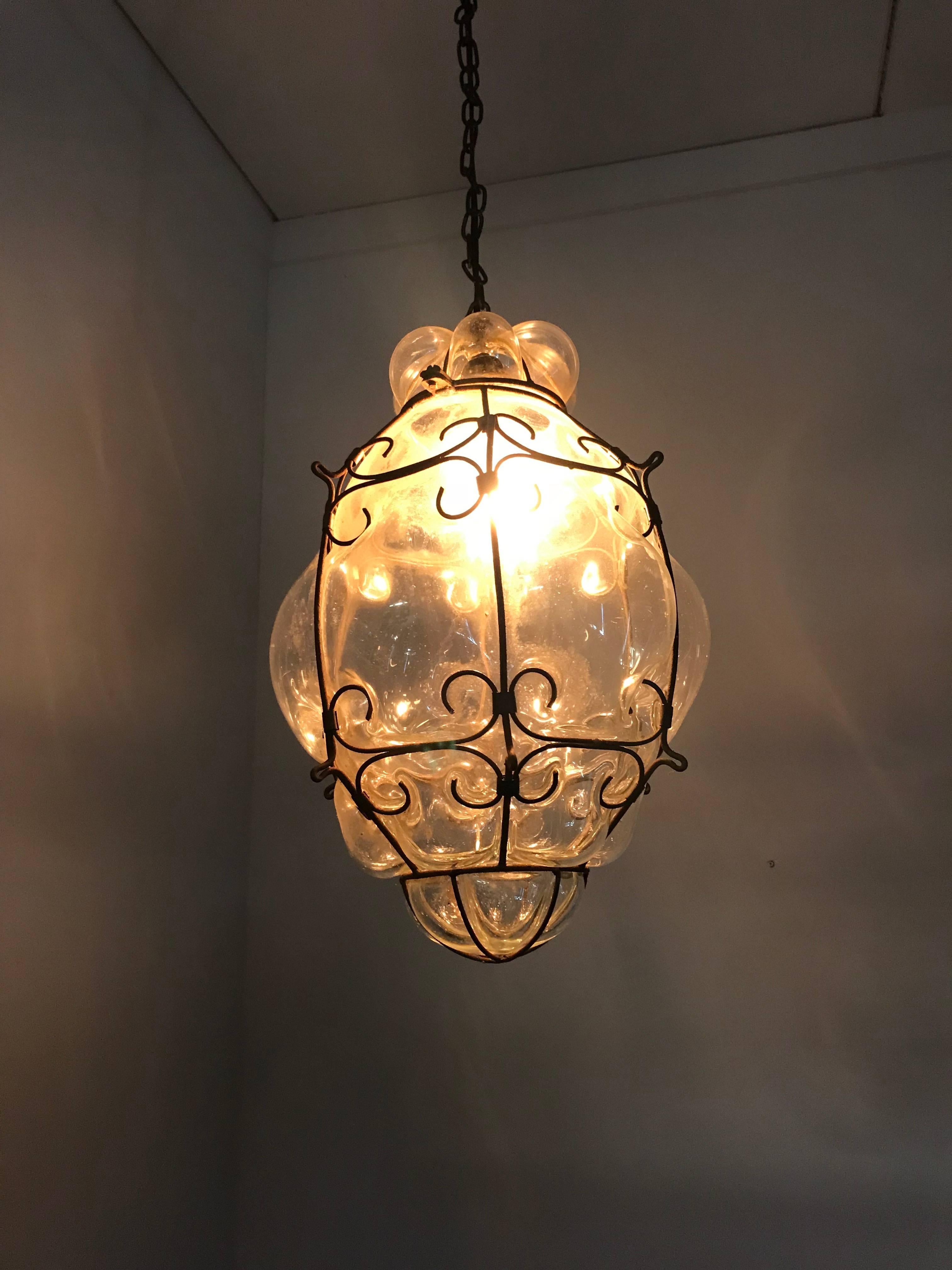 Mid-Century Large Venetian Mouth Blown Glass in Metal Frame Pendant Light 9