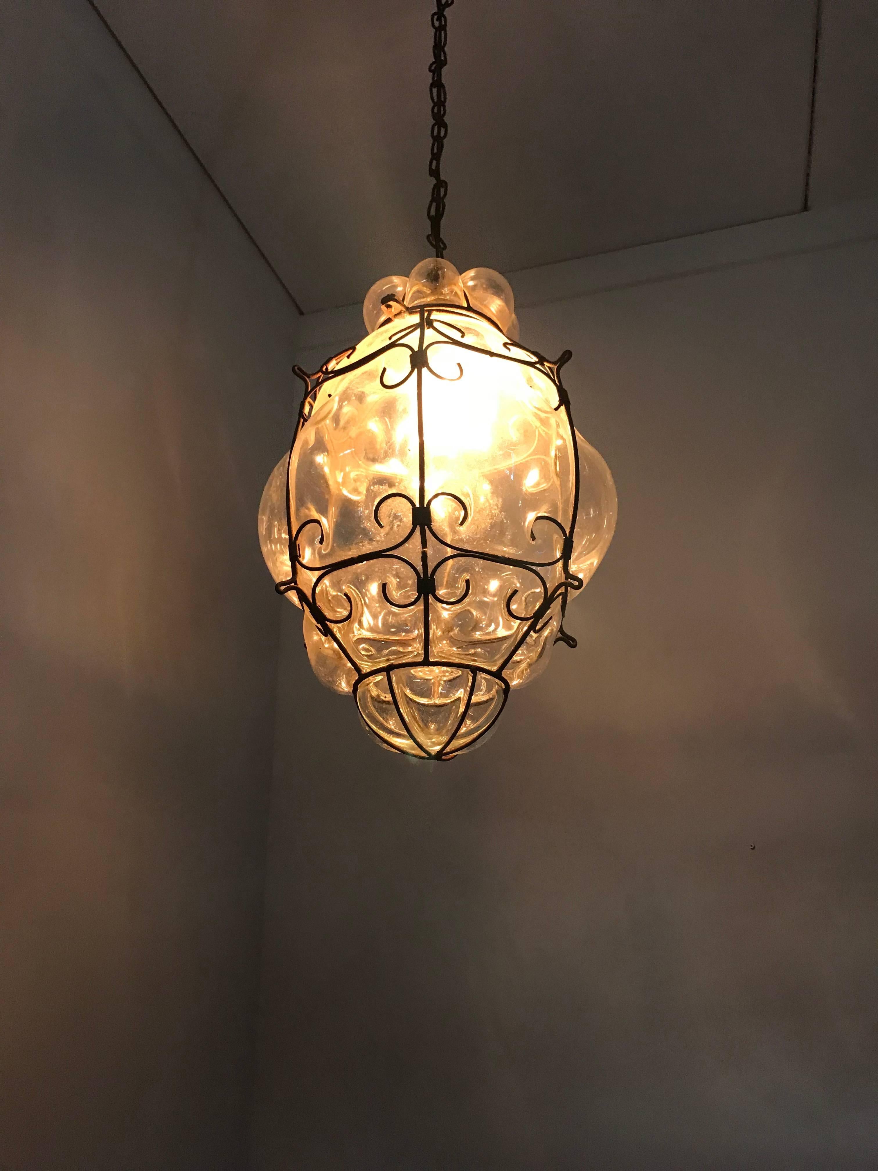 Mid-Century Large Venetian Mouth Blown Glass in Metal Frame Pendant Light 10