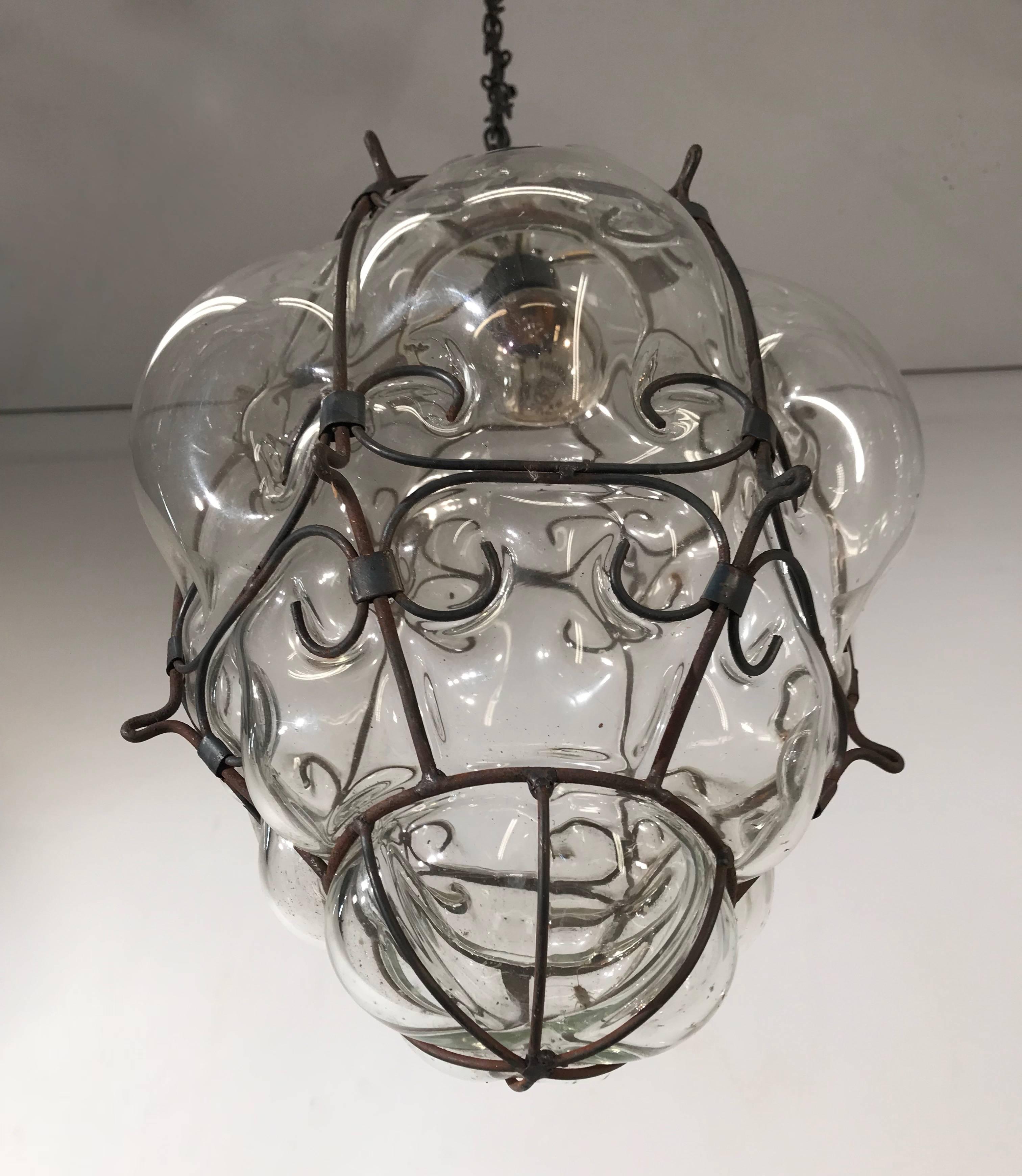Hand-Crafted Mid-Century Large Venetian Mouth Blown Glass in Metal Frame Pendant Light