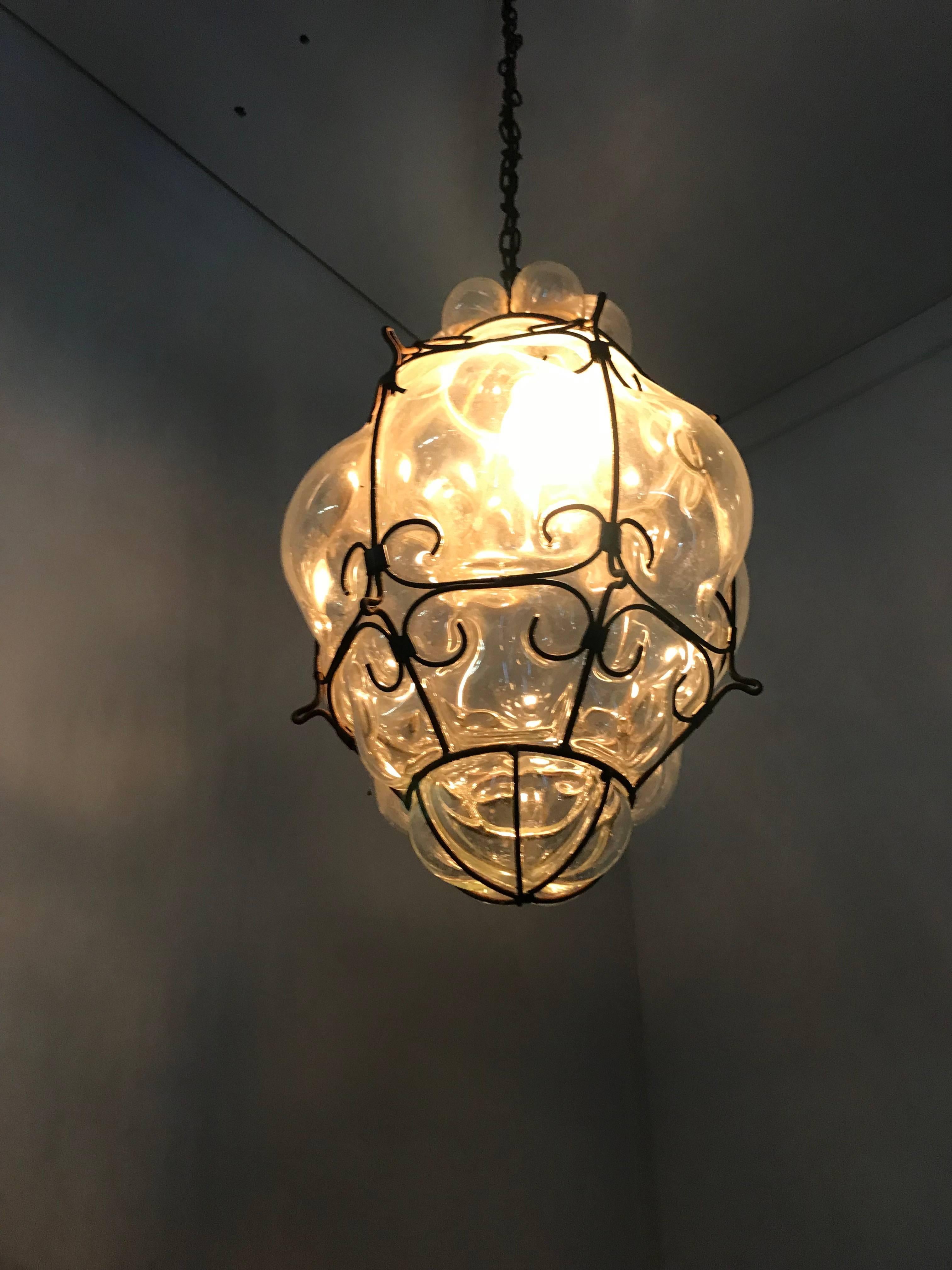 20th Century Mid-Century Large Venetian Mouth Blown Glass in Metal Frame Pendant Light