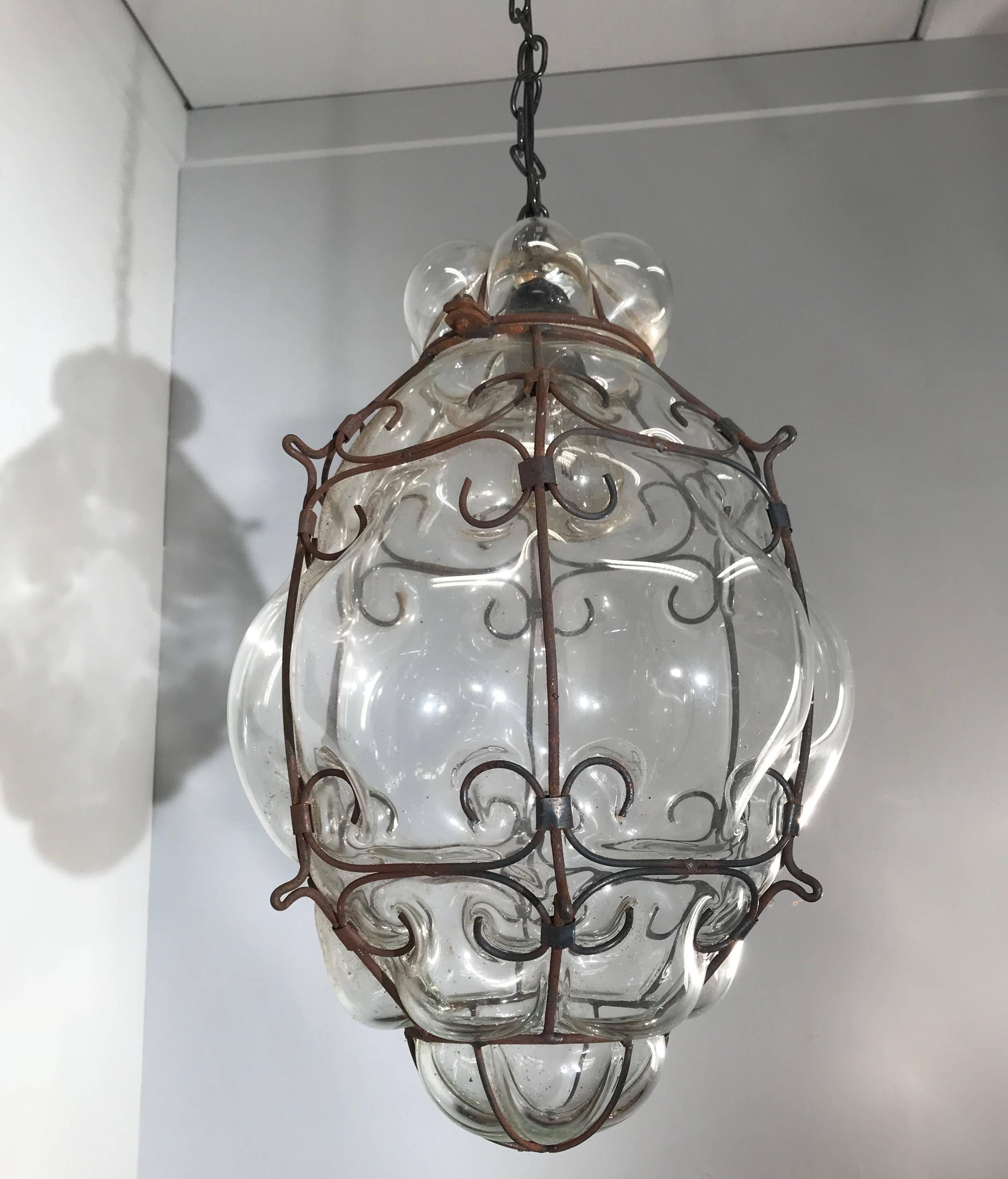 Mid-Century Large Venetian Mouth Blown Glass in Metal Frame Pendant Light 1