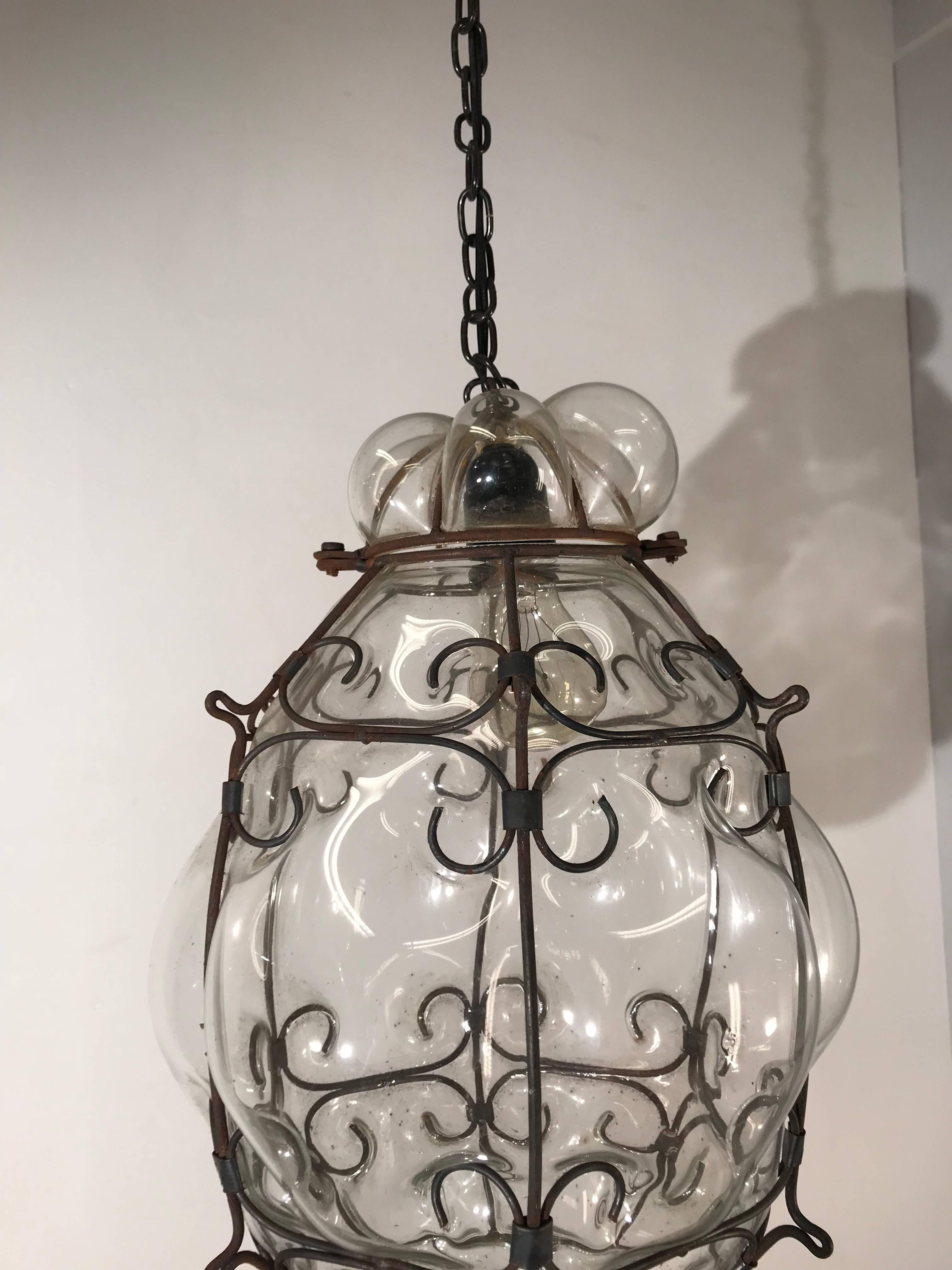 Mid-Century Large Venetian Mouth Blown Glass in Metal Frame Pendant Light 2