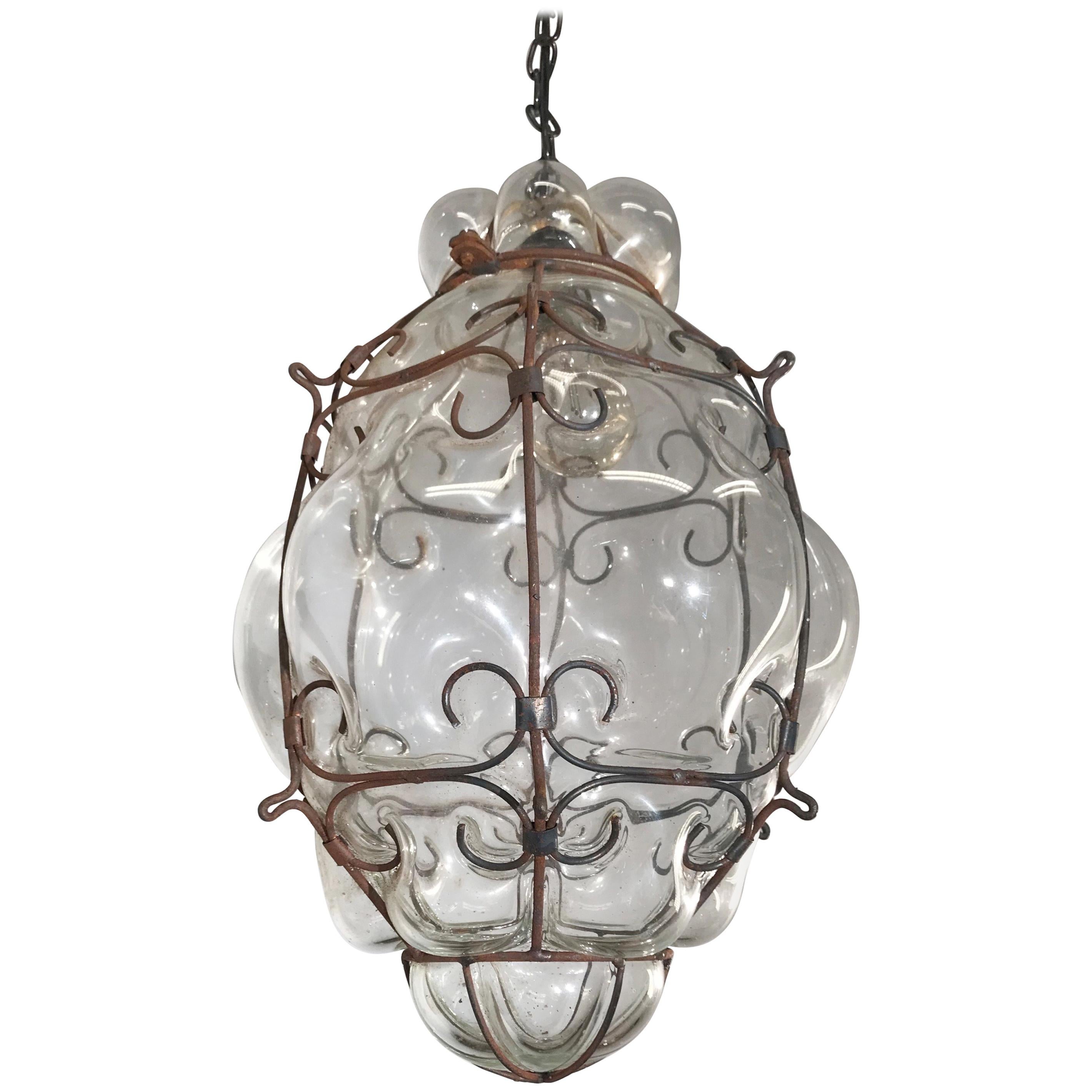 Mid-Century Large Venetian Mouth Blown Glass in Metal Frame Pendant Light
