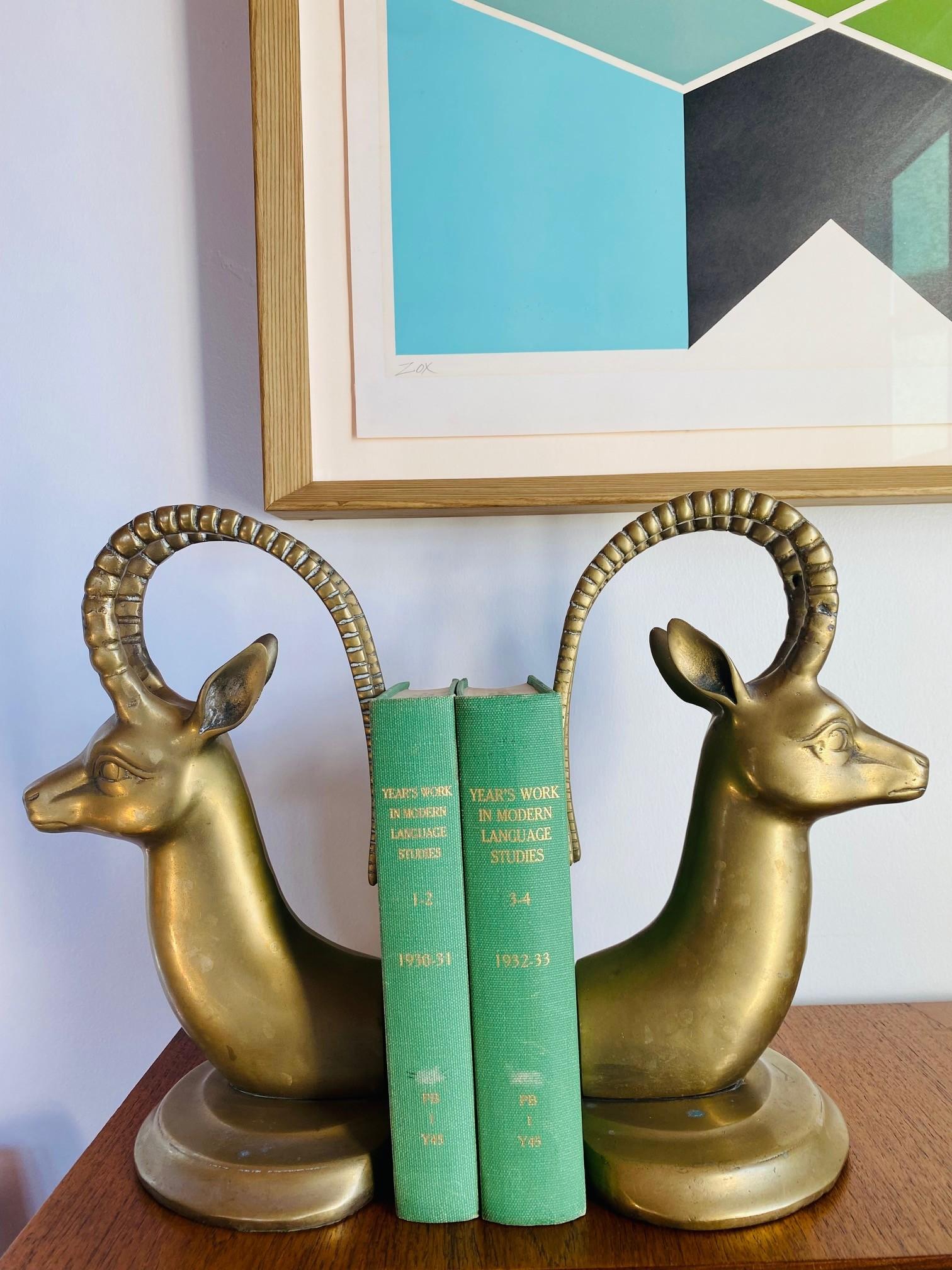 Mid Century Large Vintage Pair Brass Ibex Bookends For Sale 5