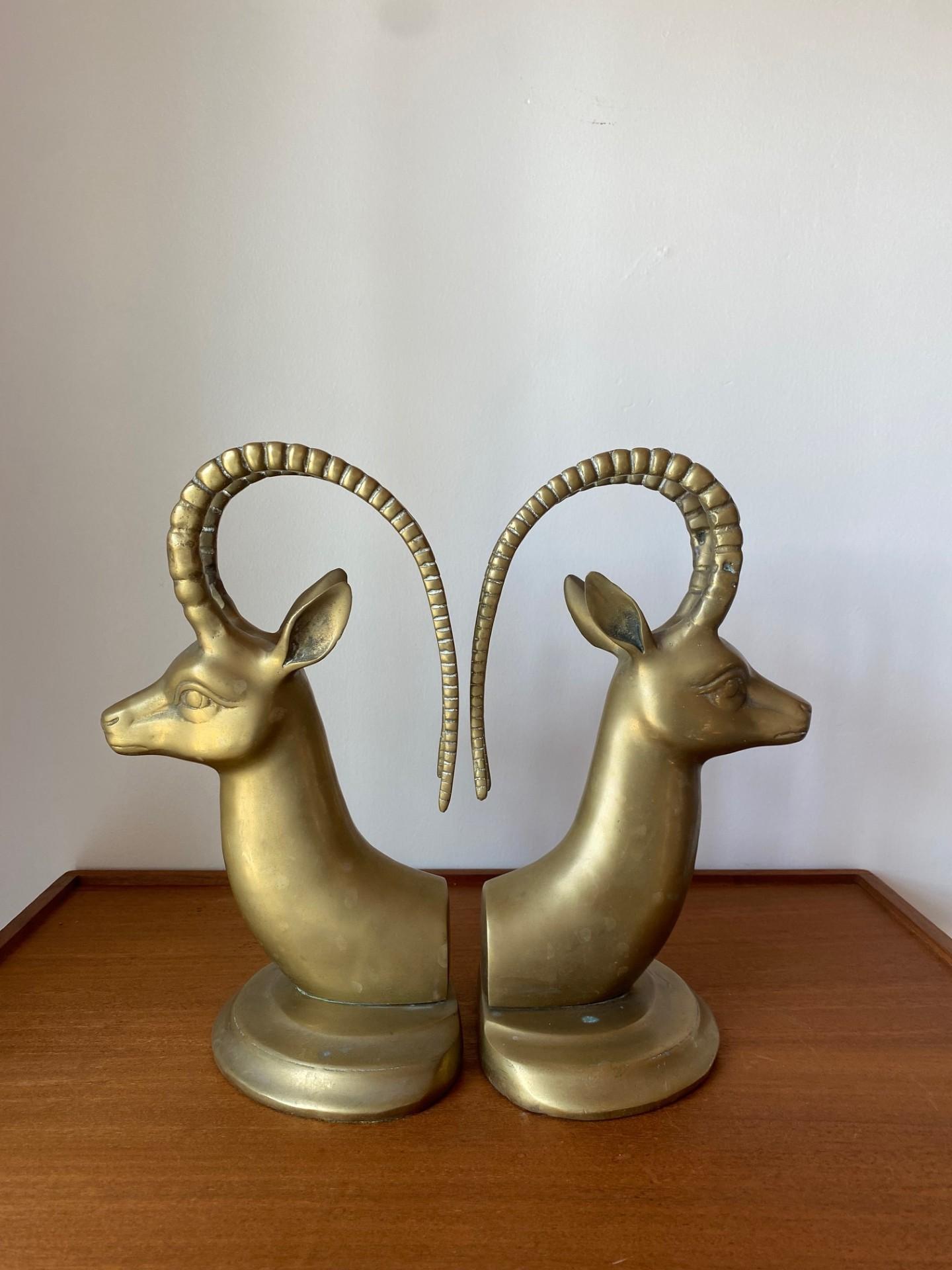 Hollywood Regency Mid Century Large Vintage Pair Brass Ibex Bookends For Sale