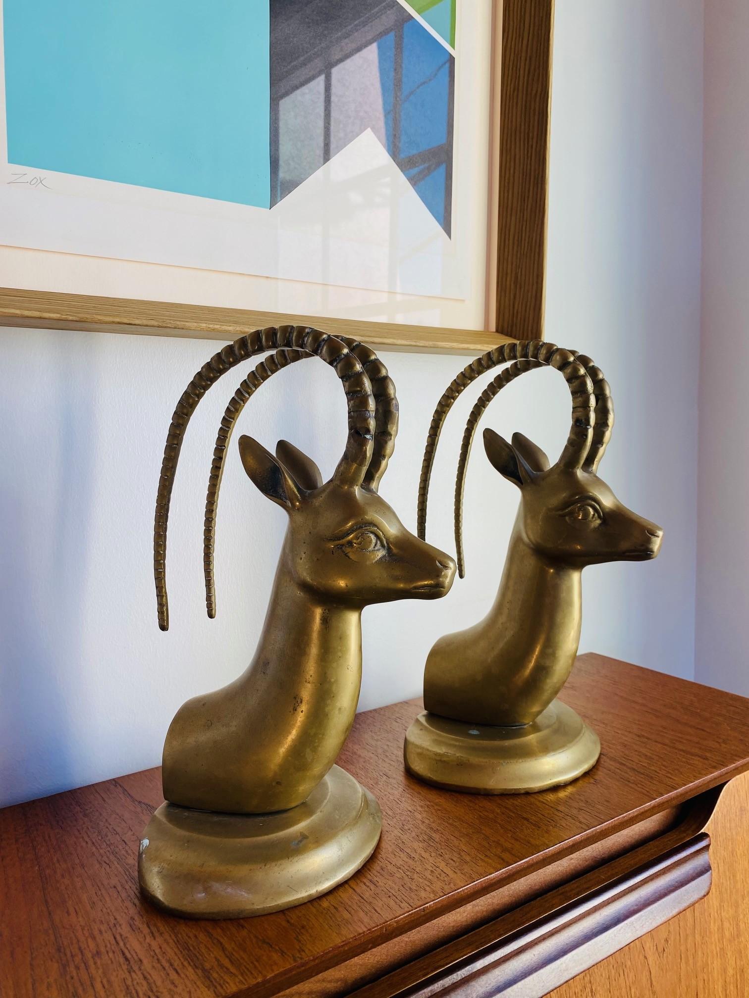 Cast Mid Century Large Vintage Pair Brass Ibex Bookends For Sale