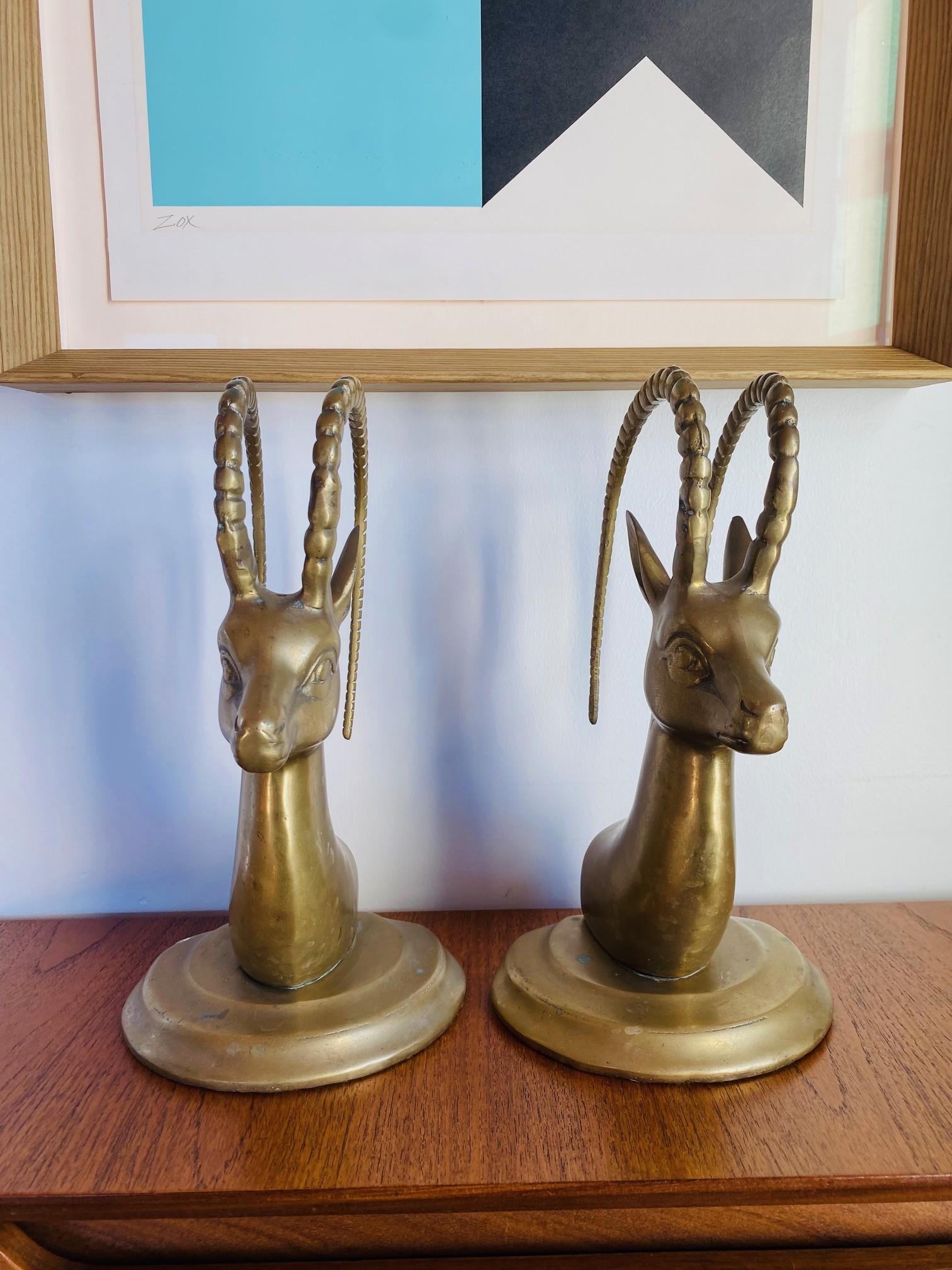 Mid Century Large Vintage Pair Brass Ibex Bookends In Good Condition For Sale In San Diego, CA
