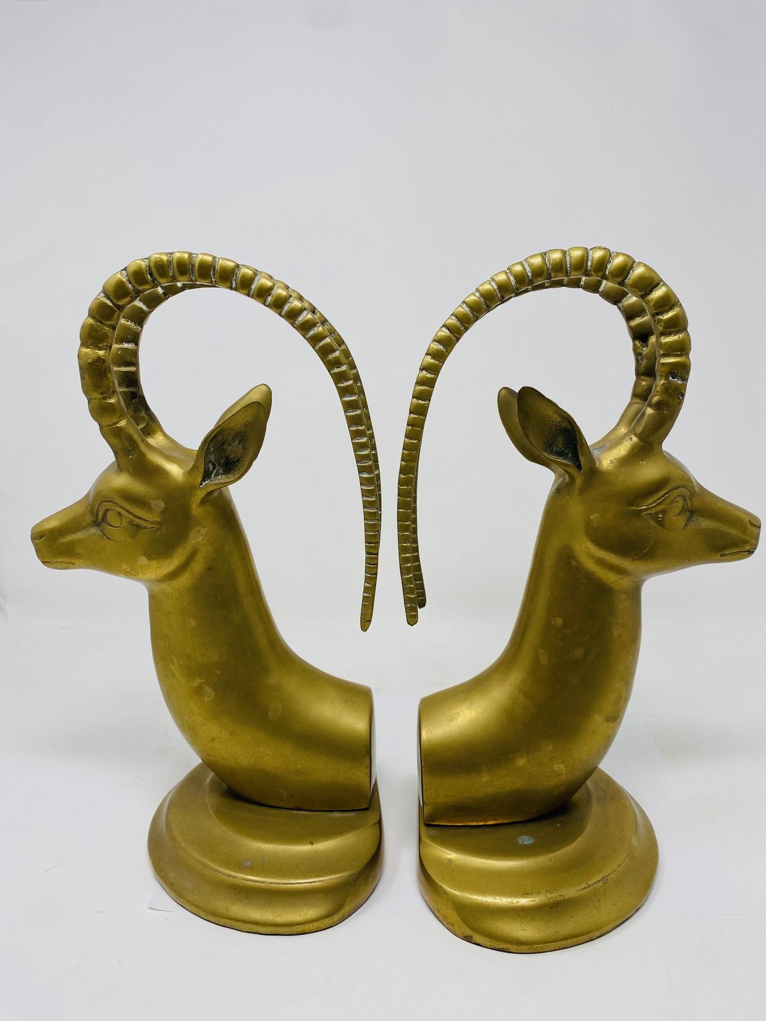 Mid Century Large Vintage Pair Brass Ibex Bookends For Sale 1